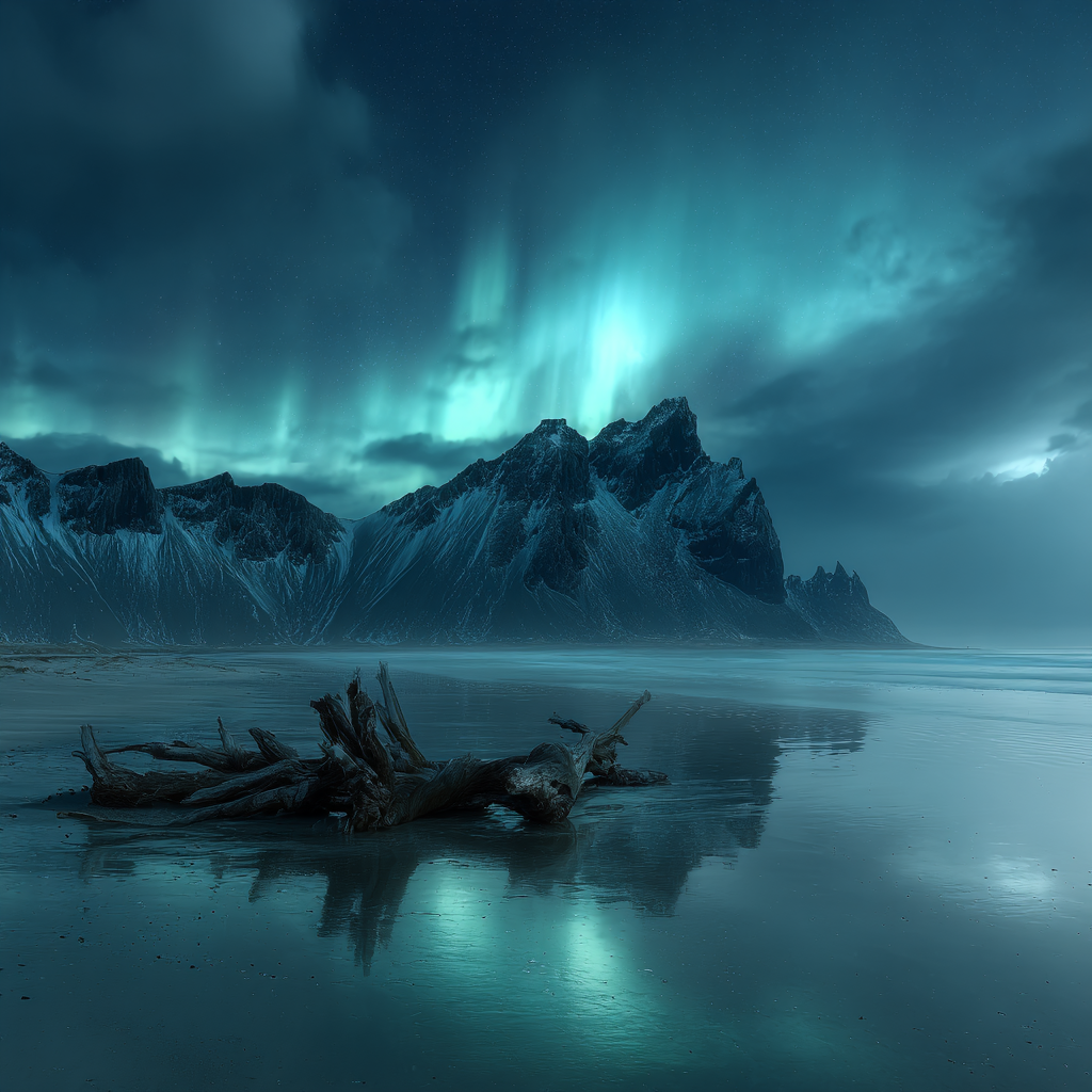 Polarlicht Dramatische Berge Nacht Himmel Aurora Borealis Spiegelung Strand | Fjorde und Gletscher | Landschaften