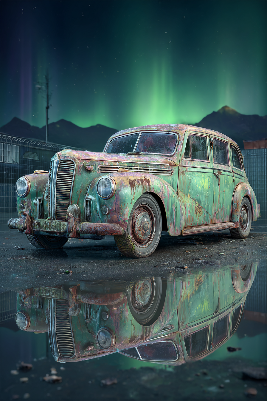 Polarlicht Alte Vintage Autos Schneelandschaft Northern Lights Reflexion In Pfütze | Fjorde und Gletscher | Landschaften