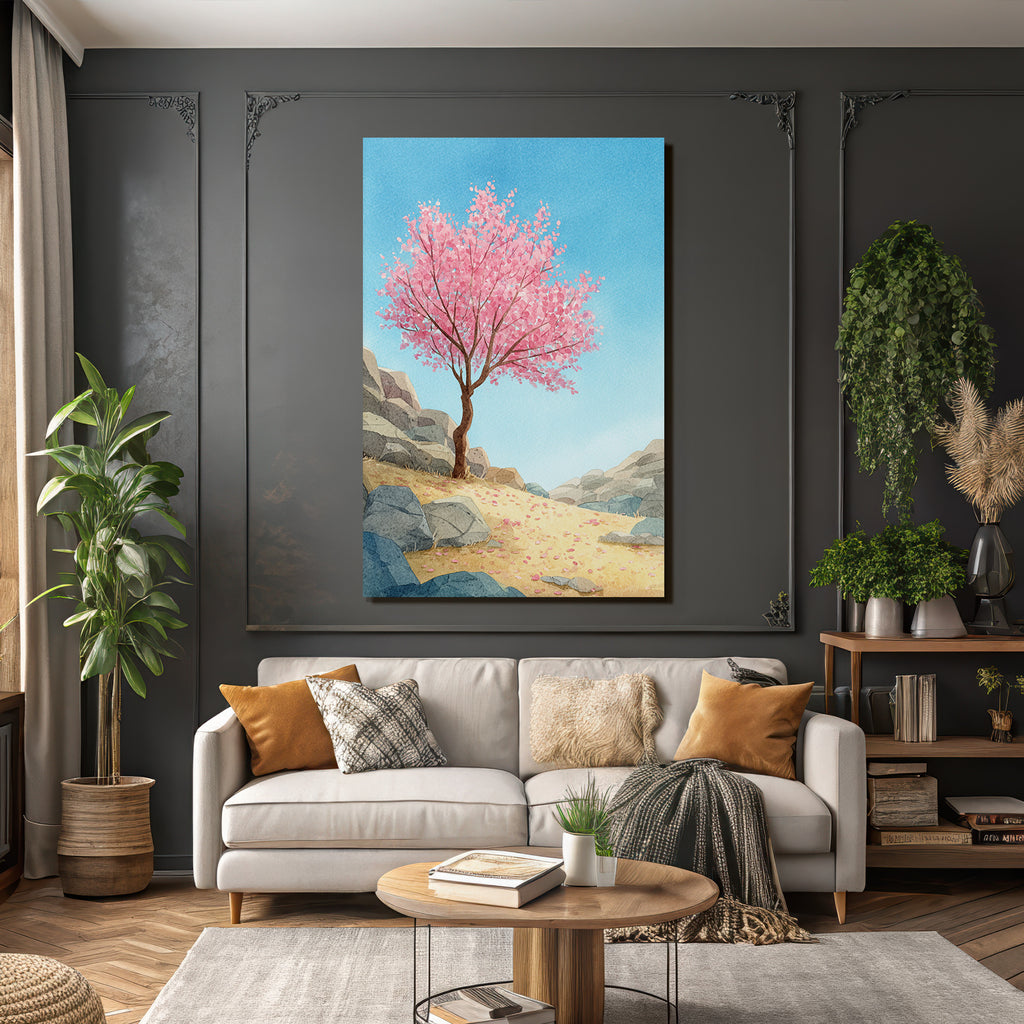 Kirschblütenbaum Landschaft Mit Felsen Und Sand Im Aquarellstil