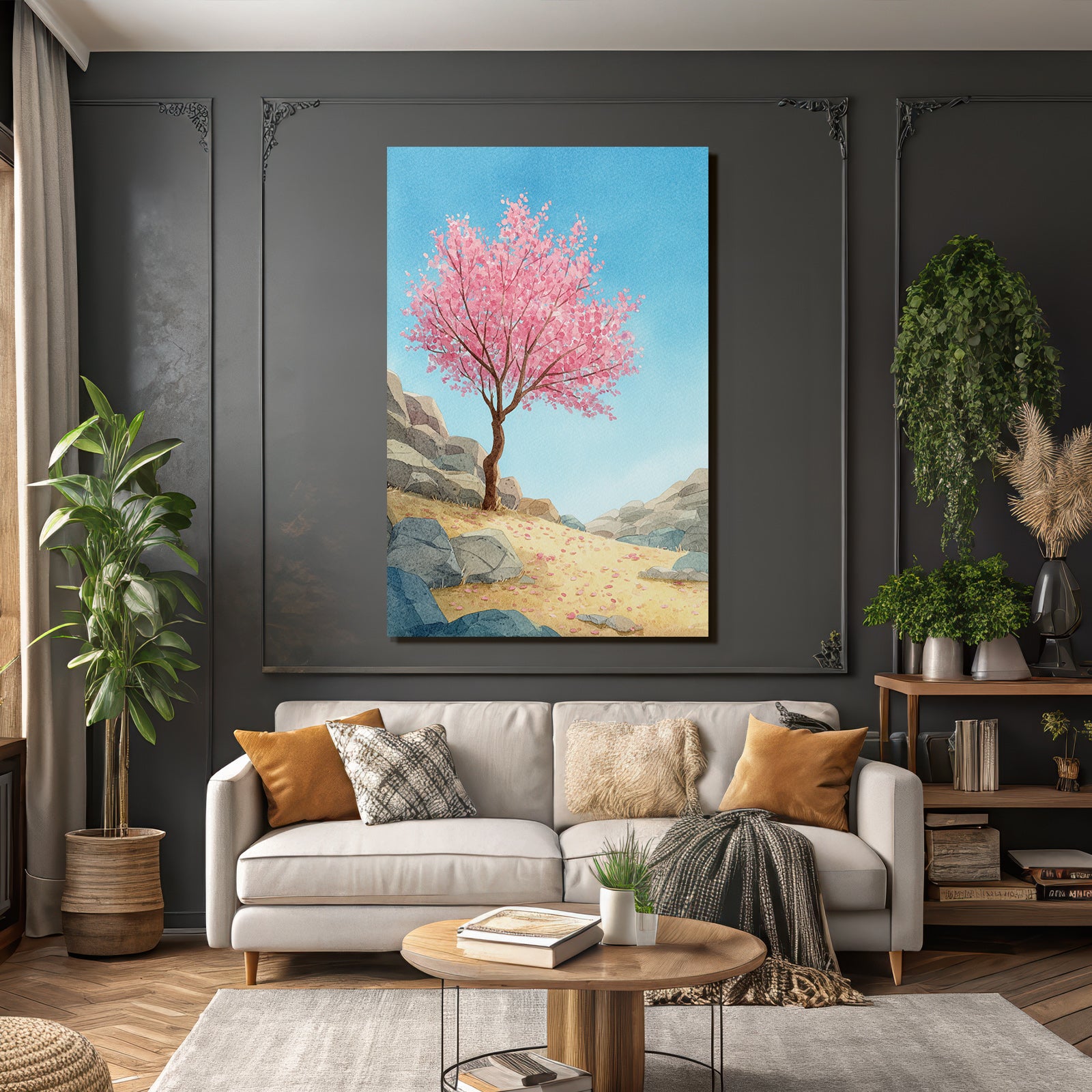 Kirschblütenbaum Landschaft Mit Felsen Und Sand Im Aquarellstil