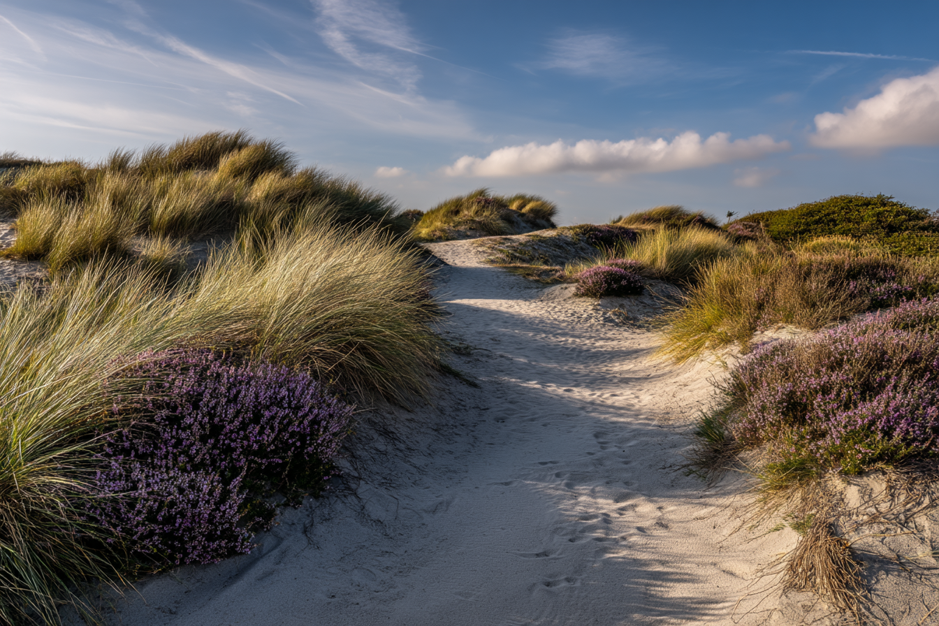 Sandiger Pfad Durch Die Natur Mit Gras Und Lila Blumen | Duenen und Heide | Landschaften