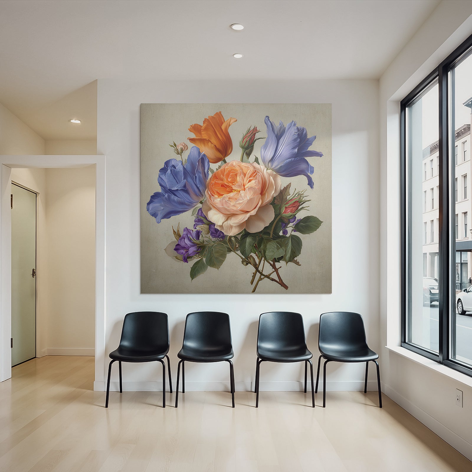 Schöner Blumiger Bunter Strauss Aus Blau Orange Rosa Und Purpur Mit Grünem Laub