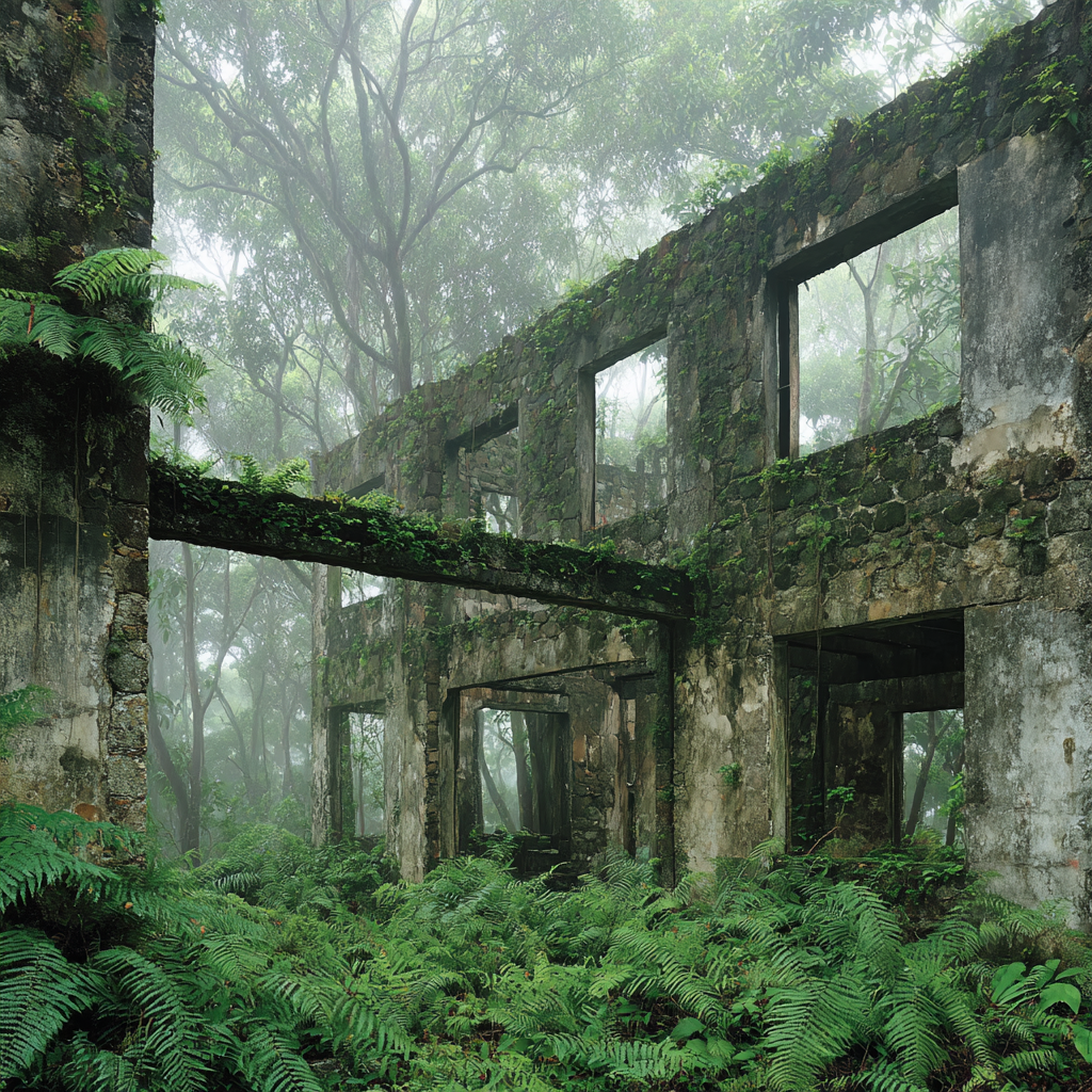 Ruinen Eines Gebaeudes Umgeben Von Grünem Nebel Und Überwuchernden Pflanzen | Lost Places | Architektur