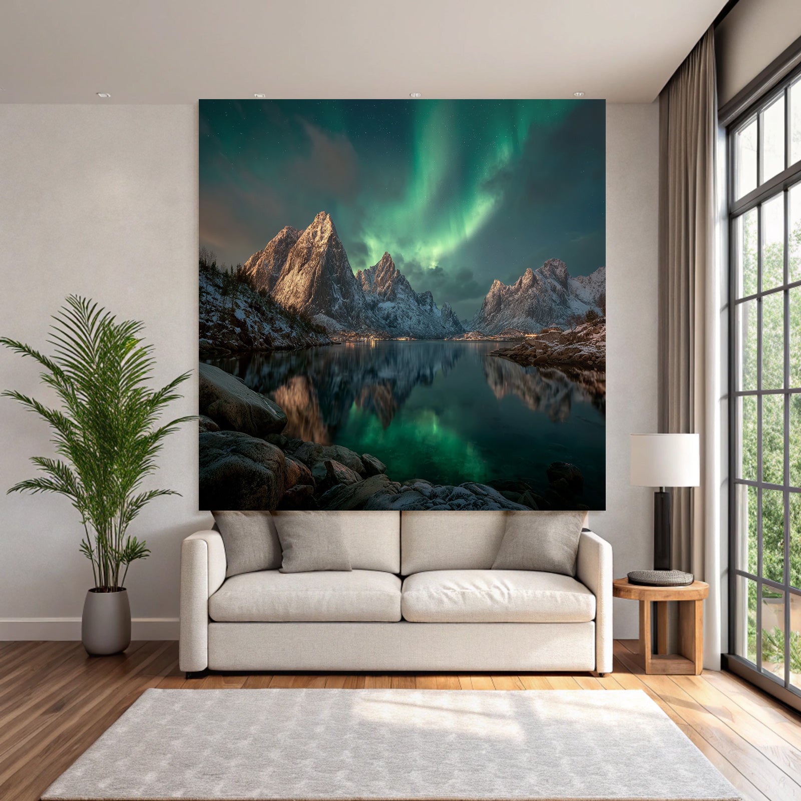 Polarlicht Schneebedeckte Berge Nordlichter Spiegelung Wasser Nachtlandschaft | Fjorde und Gletscher | Landschaften