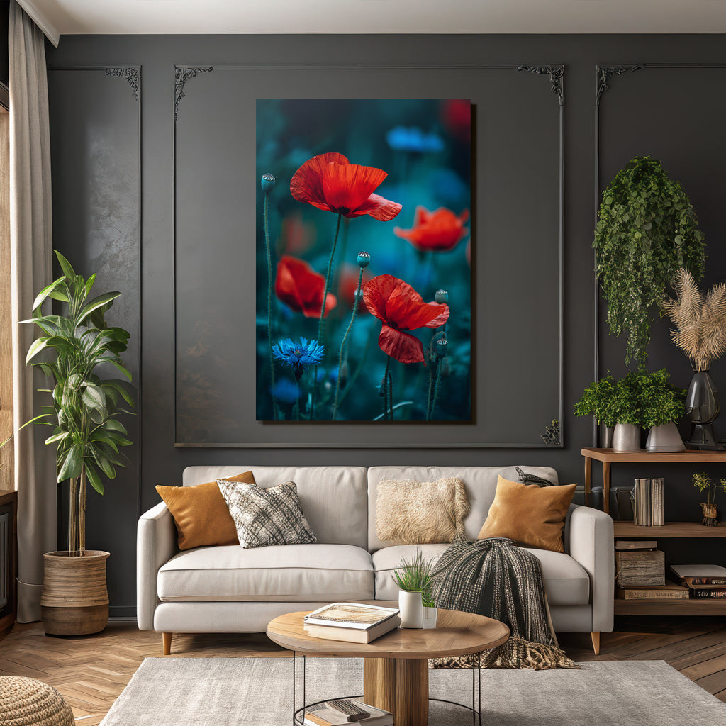 Träumerische Wiese Mit Roten Mohn Und Blaün Korn