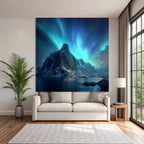 Polarlicht Mountainlandschaft Nacht Himmel Nordlichter Schneebedeckte Spitzen Wasser Reflection | Fjorde und Gletscher | Landschaften
