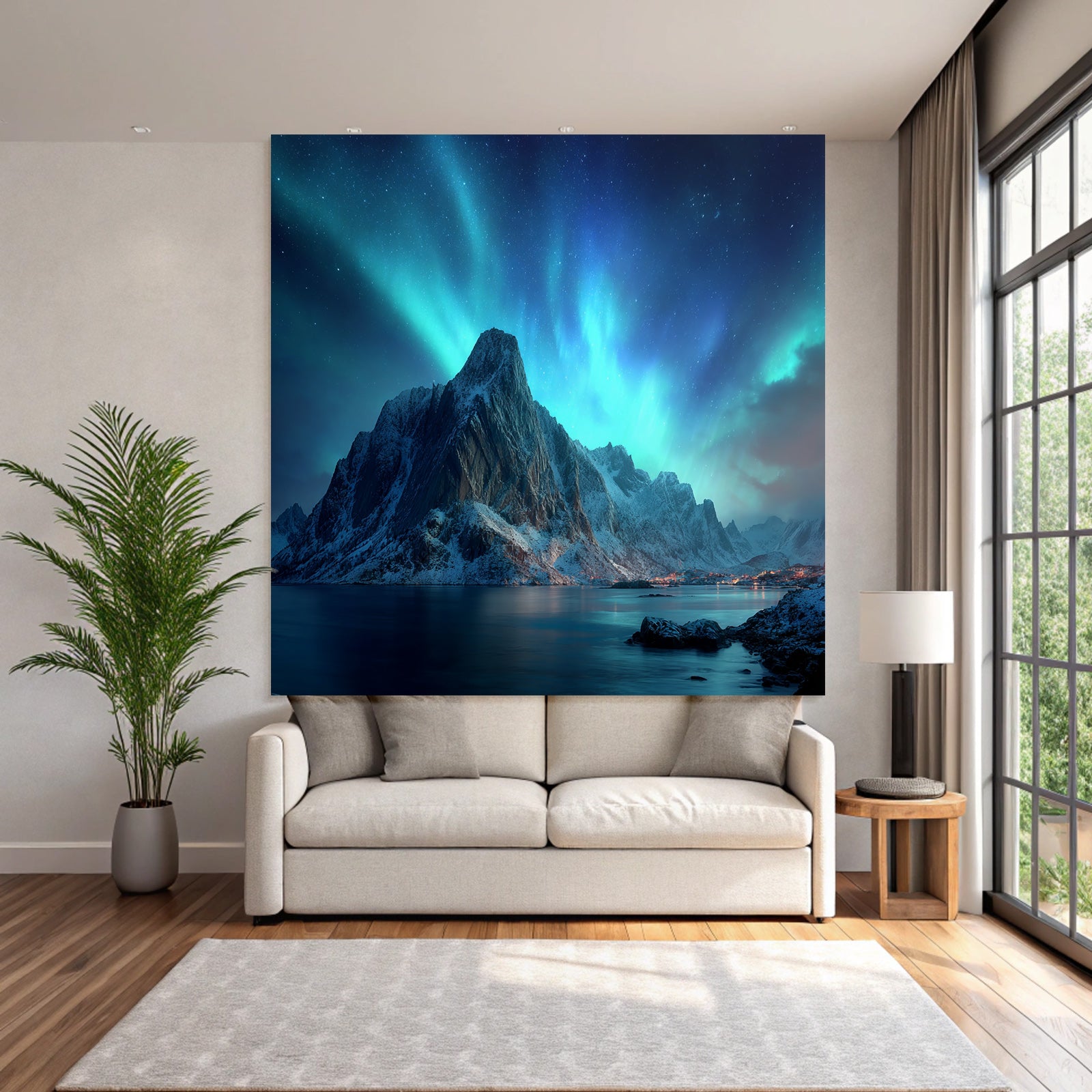 Polarlicht Mountainlandschaft Nacht Himmel Nordlichter Schneebedeckte Spitzen Wasser Reflection | Fjorde und Gletscher | Landschaften