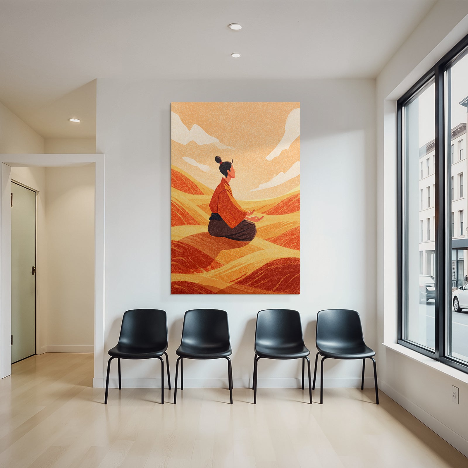 Yoga Meditation Meditierender Mensch In Stilvollem Landschaft Sanfte Hügel Orangener Himmel | Yoga und Meditation | Themen und Hobbys
