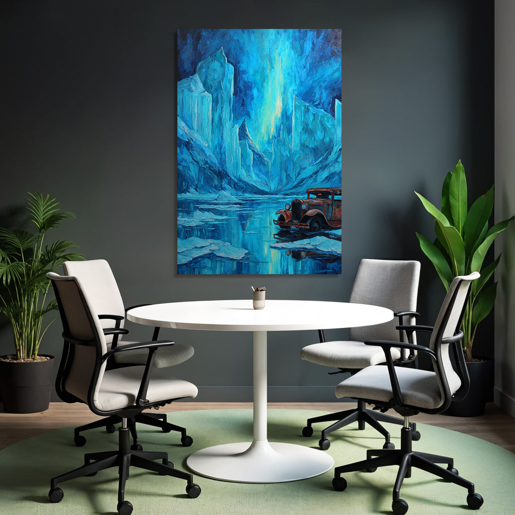 Polarlicht Dramatische Landschaft Mit Eisblaün Tonen Und Vintage Auto | Fjorde und Gletscher | Landschaften