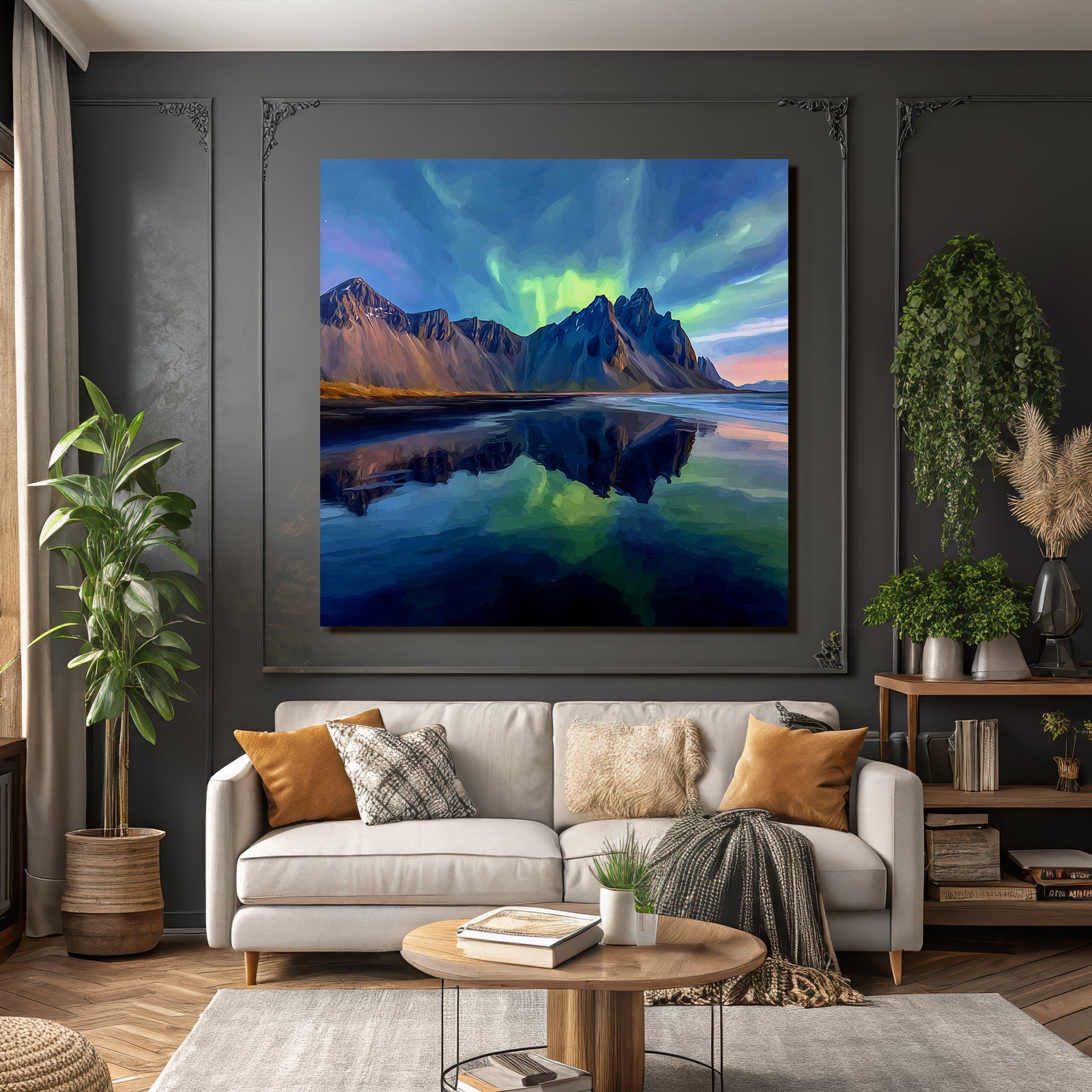 Polarlicht Szenische Landlandschaft Mit Bergen Und Nordlichtern Reflexion Im Wasser | Fjorde und Gletscher | Landschaften