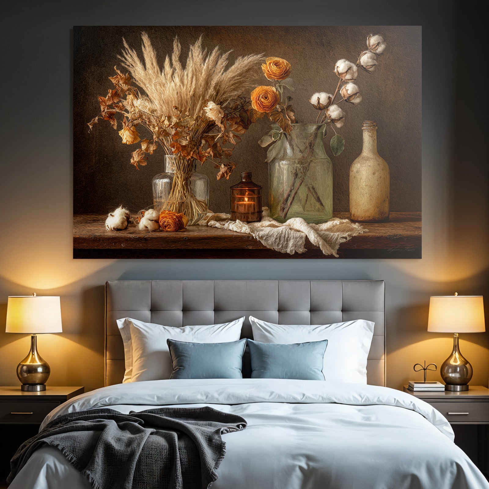 Trocken Retro Flowers Dried Flower Still Life Mit Pampasgras Rosen Und Baumwolle Glaskrüge Deko