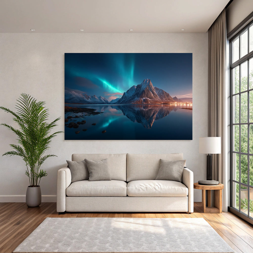 Polarlicht Dramatysches Natur Landschaft Mit Nordlichtern Reflektion In Wasser | Fjorde und Gletscher | Landschaften