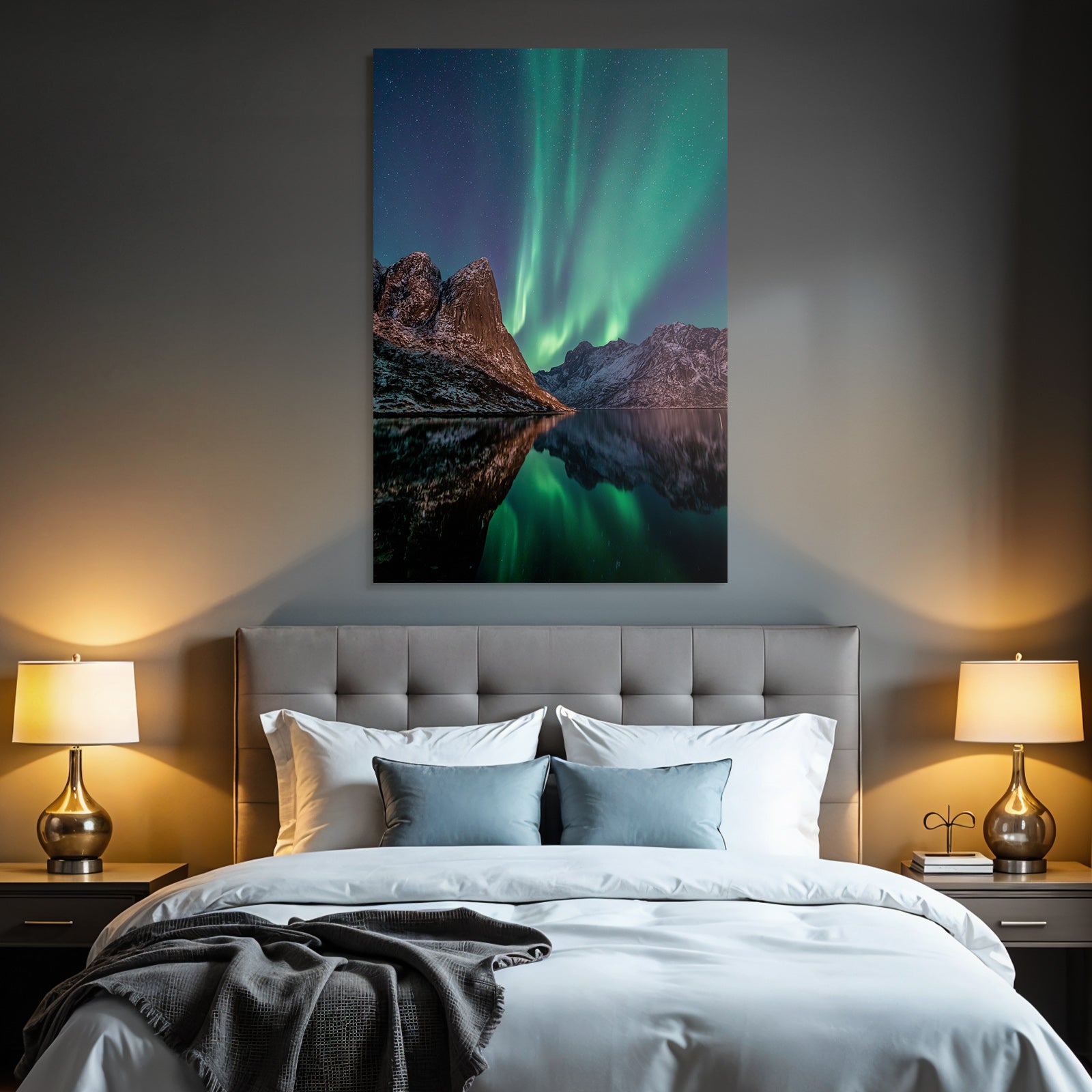 Polarlicht Nordlichter Schneebedeckte Berge Wasser Reflexion | Fjorde und Gletscher | Landschaften