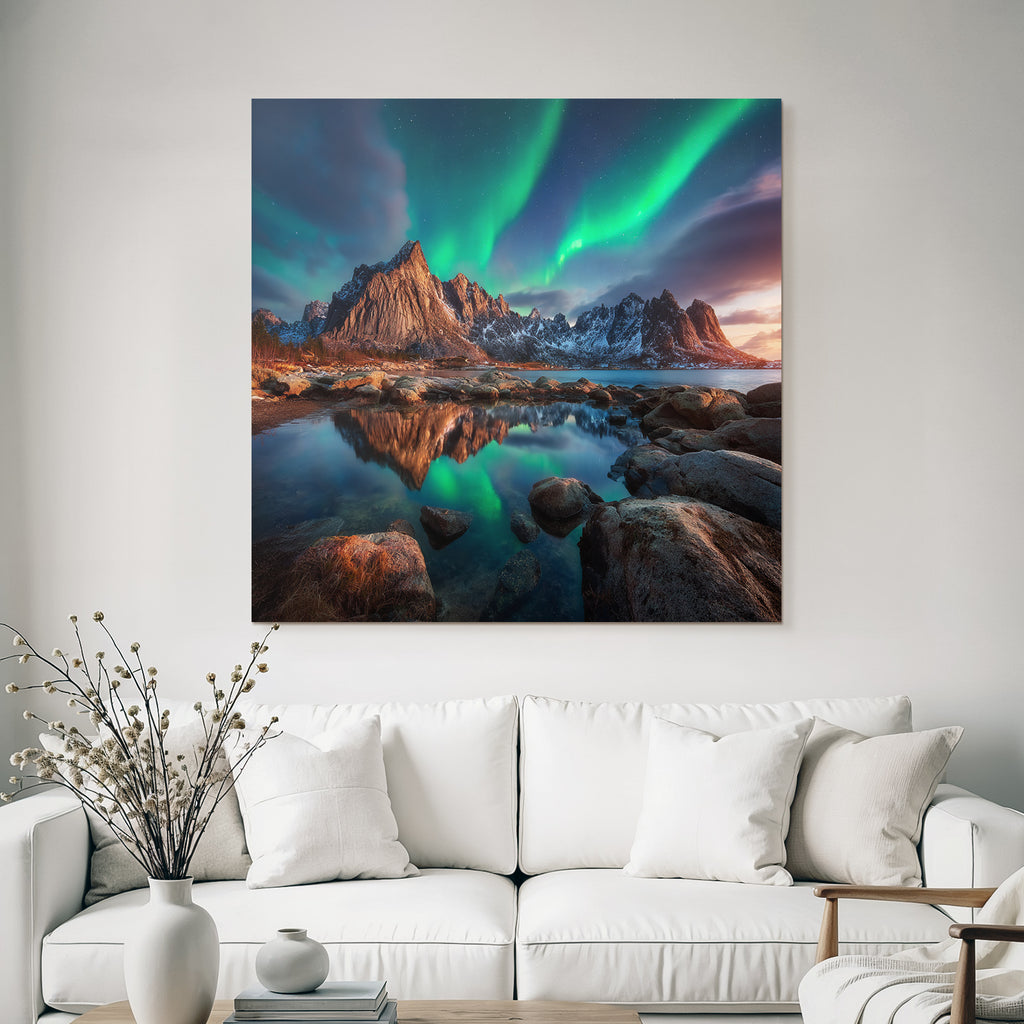 Polarlicht Nordlichter Lichten Mountain Peaks Reflection Ruhiges Wasser Natur Schönheit | Fjorde und Gletscher | Landschaften