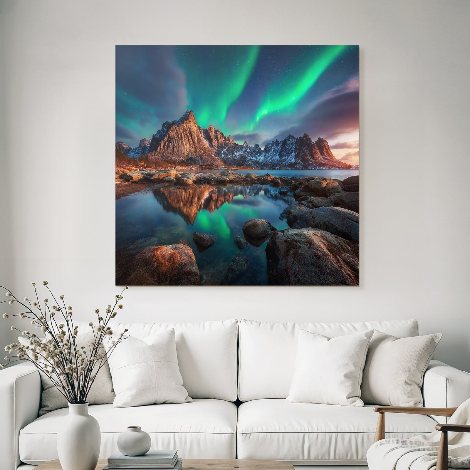 Polarlicht Nordlichter Lichten Mountain Peaks Reflection Ruhiges Wasser Natur Schönheit | Fjorde und Gletscher | Landschaften