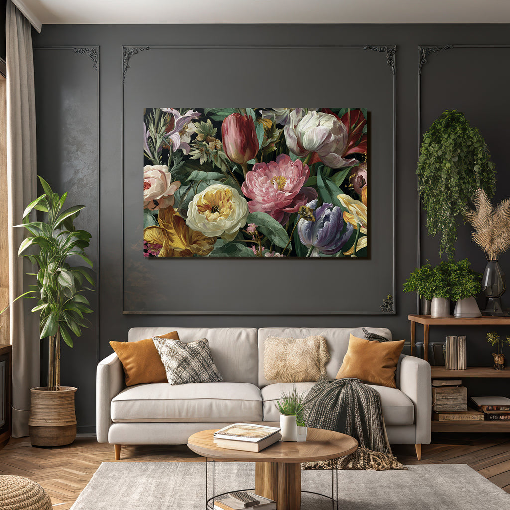 Üppiger Bunter Strauss Mit Rosen Tulpen Pfingstrosen Und Blattwerk Vor Dunklem Hintergrund