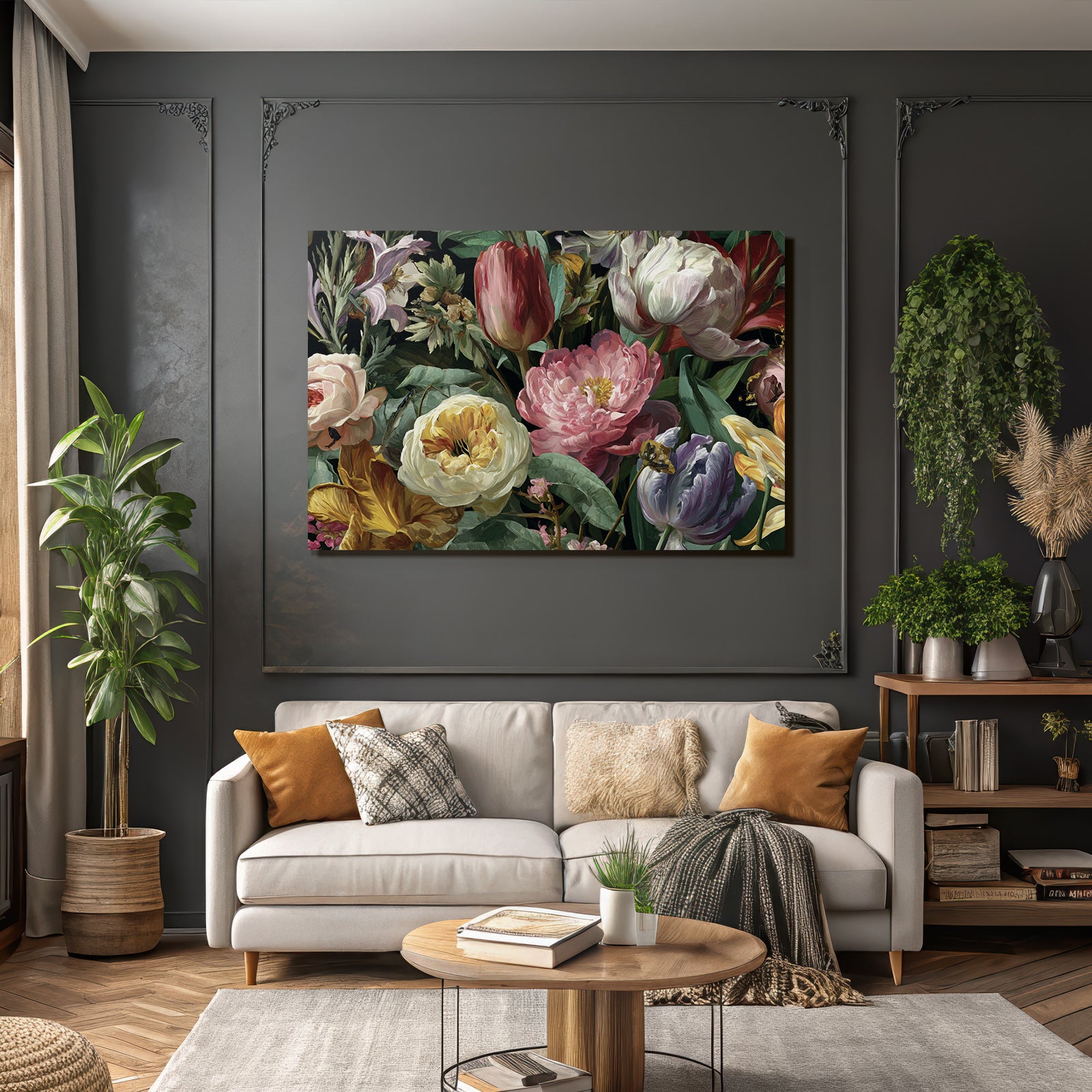 Üppiger Bunter Strauss Mit Rosen Tulpen Pfingstrosen Und Blattwerk Vor Dunklem Hintergrund