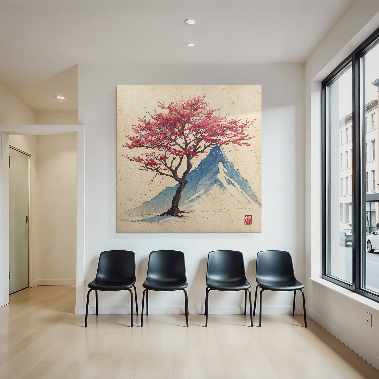Roter Baum Vor Blaüm Berg Wasserfarben Auf Altem Papier
