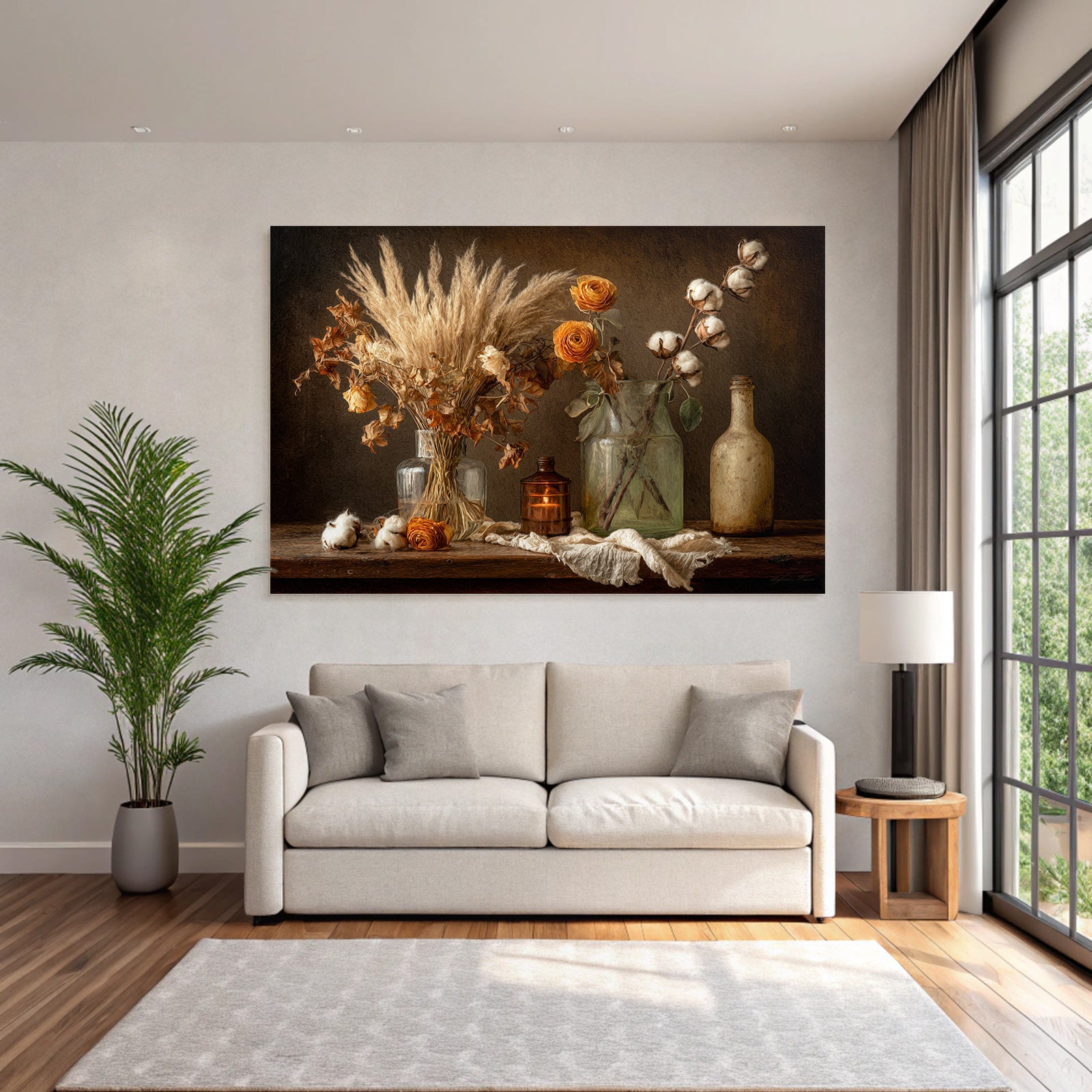 Trocken Retro Flowers Dried Flower Still Life Mit Pampasgras Rosen Und Baumwolle Glaskrüge Deko