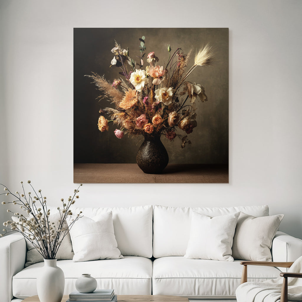 Trocken Retro Flowers Getrocknete Kranz Im Dunklen Vase Mit Warmem Hintergrund