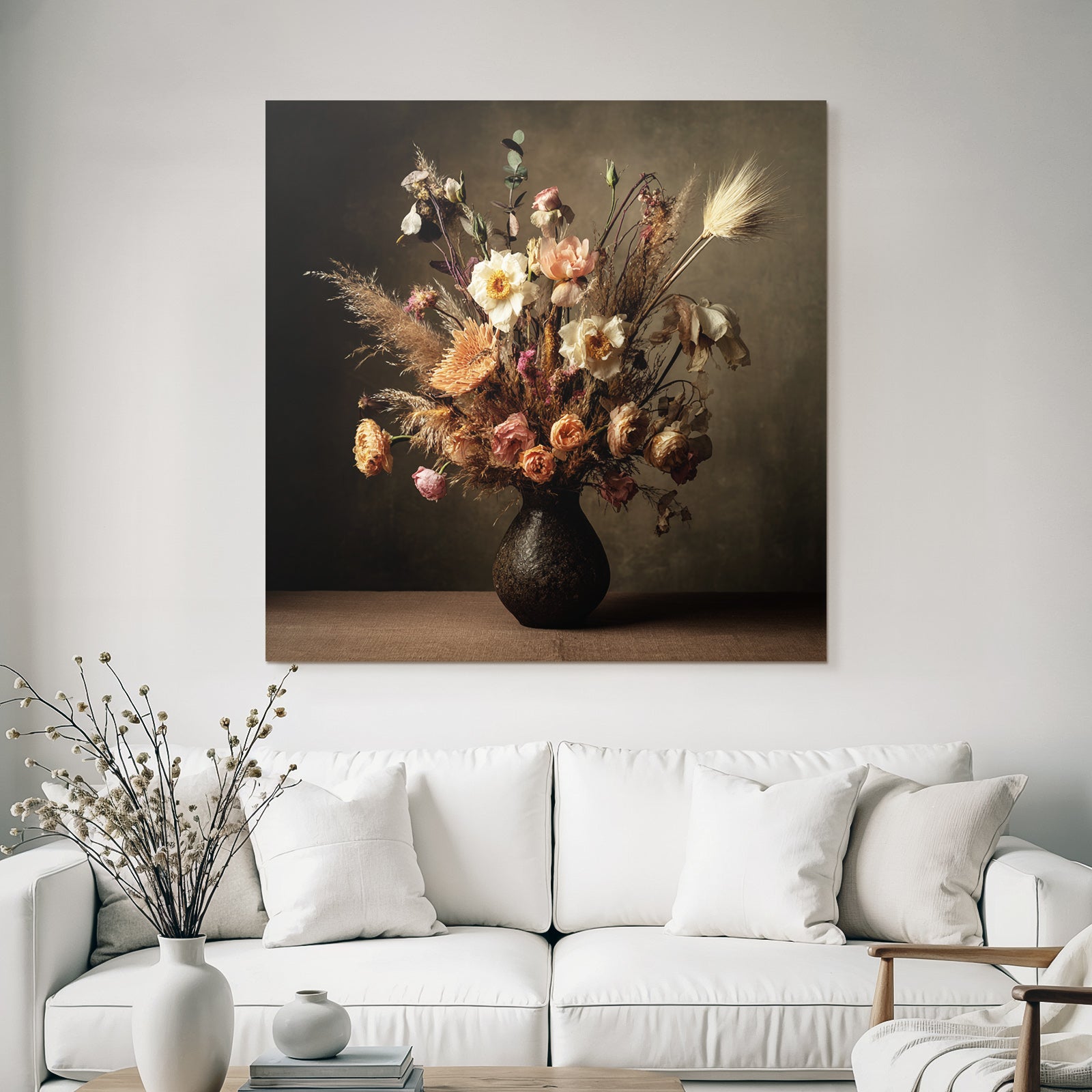 Trocken Retro Flowers Getrocknete Kranz Im Dunklen Vase Mit Warmem Hintergrund