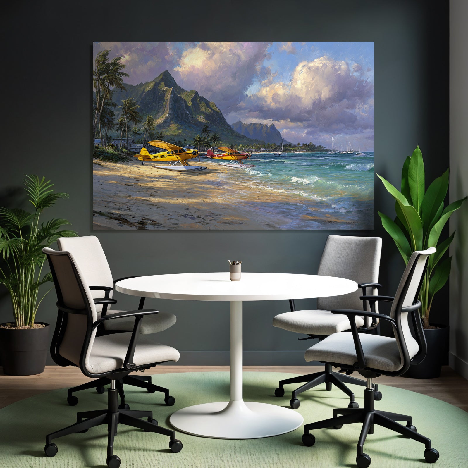 Tropische Idylle Mit Seaplanes Und Palmbaeumen Beachlandscape | Flugzeuge | Mobilitaet und Technik