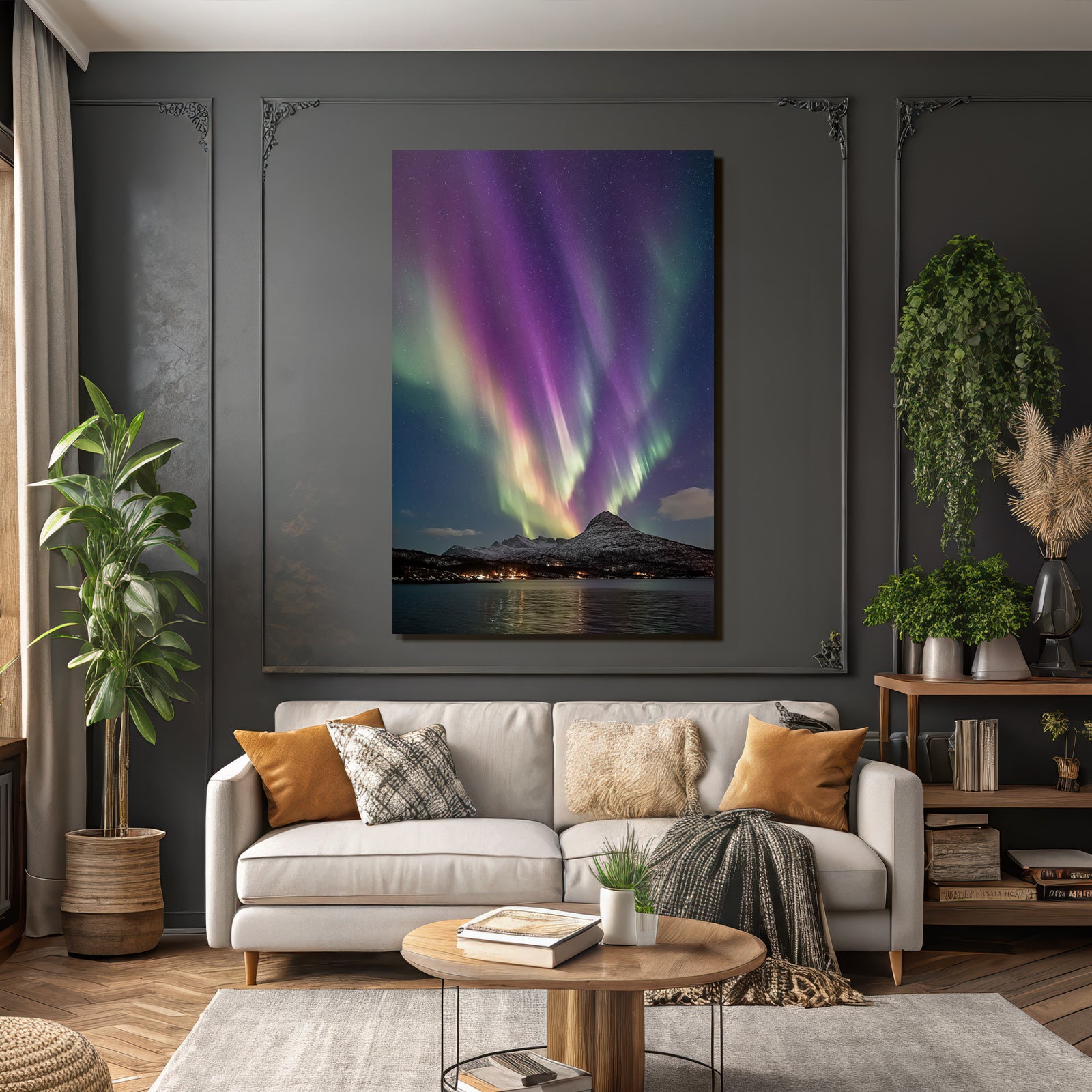 Polarlicht Nordlichlich Lichter Aurora Borealis Schneebedeckte Berge Und Wasser | Fjorde und Gletscher | Landschaften