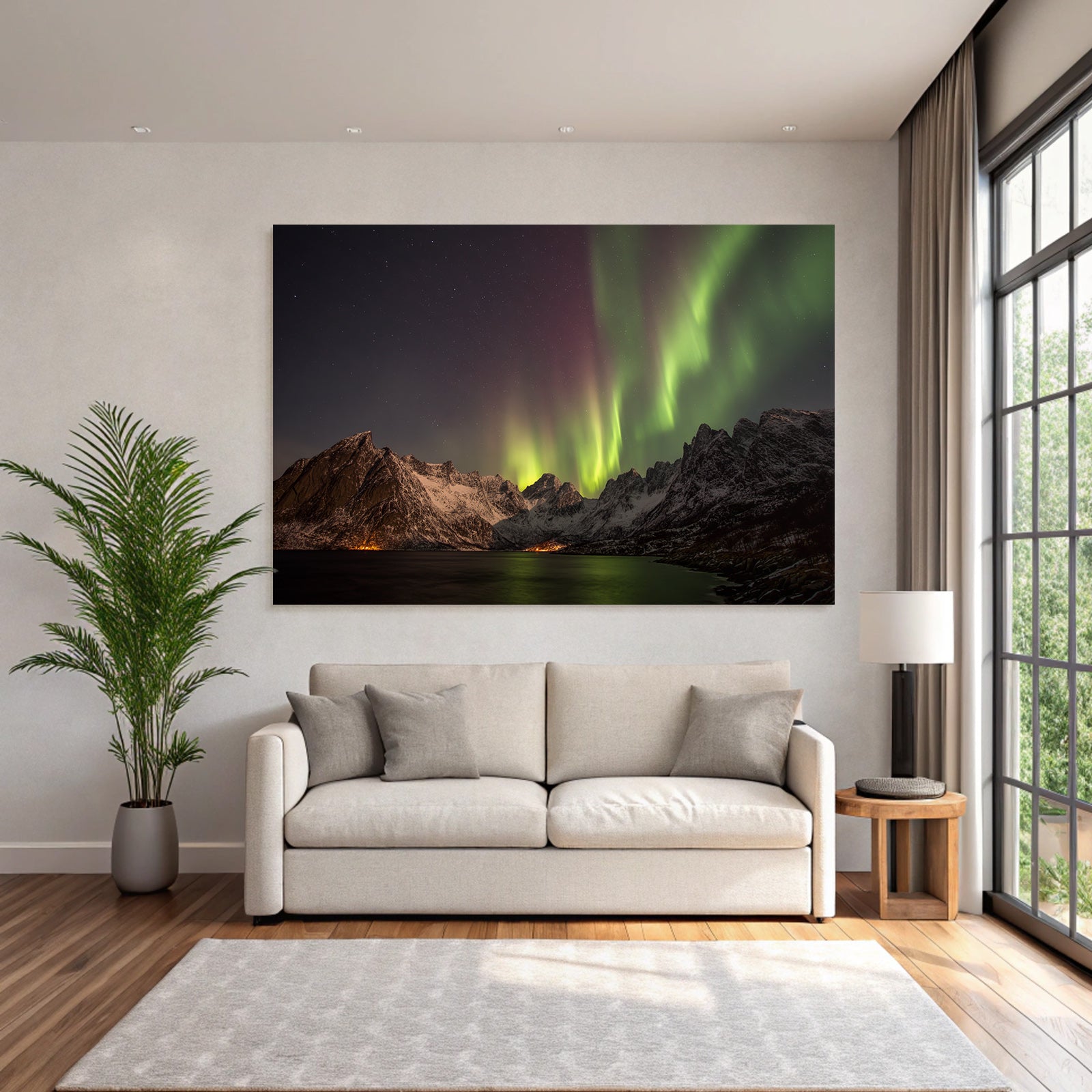 Polarlicht Aurora Borealis Schnee Bedeckte Berge Sternenhimmel | Fjorde und Gletscher | Landschaften