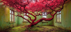 Rote Baum In Verfallener Raum Mit Grünen Wädern Und Moos Bedecktem Boden | Lost Places | Architektur