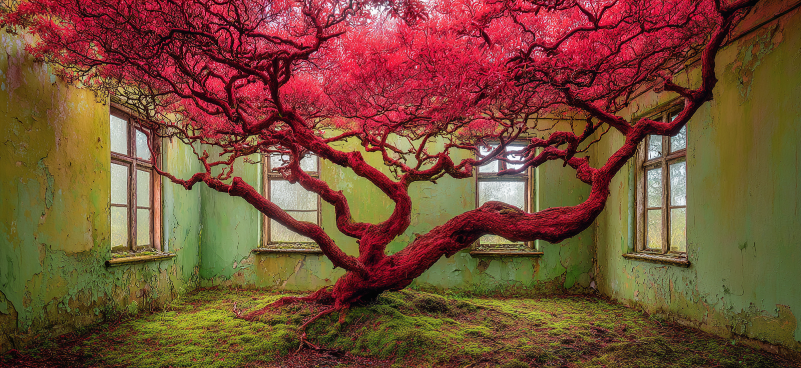 Rote Baum In Verfallener Raum Mit Grünen Wädern Und Moos Bedecktem Boden | Lost Places | Architektur
