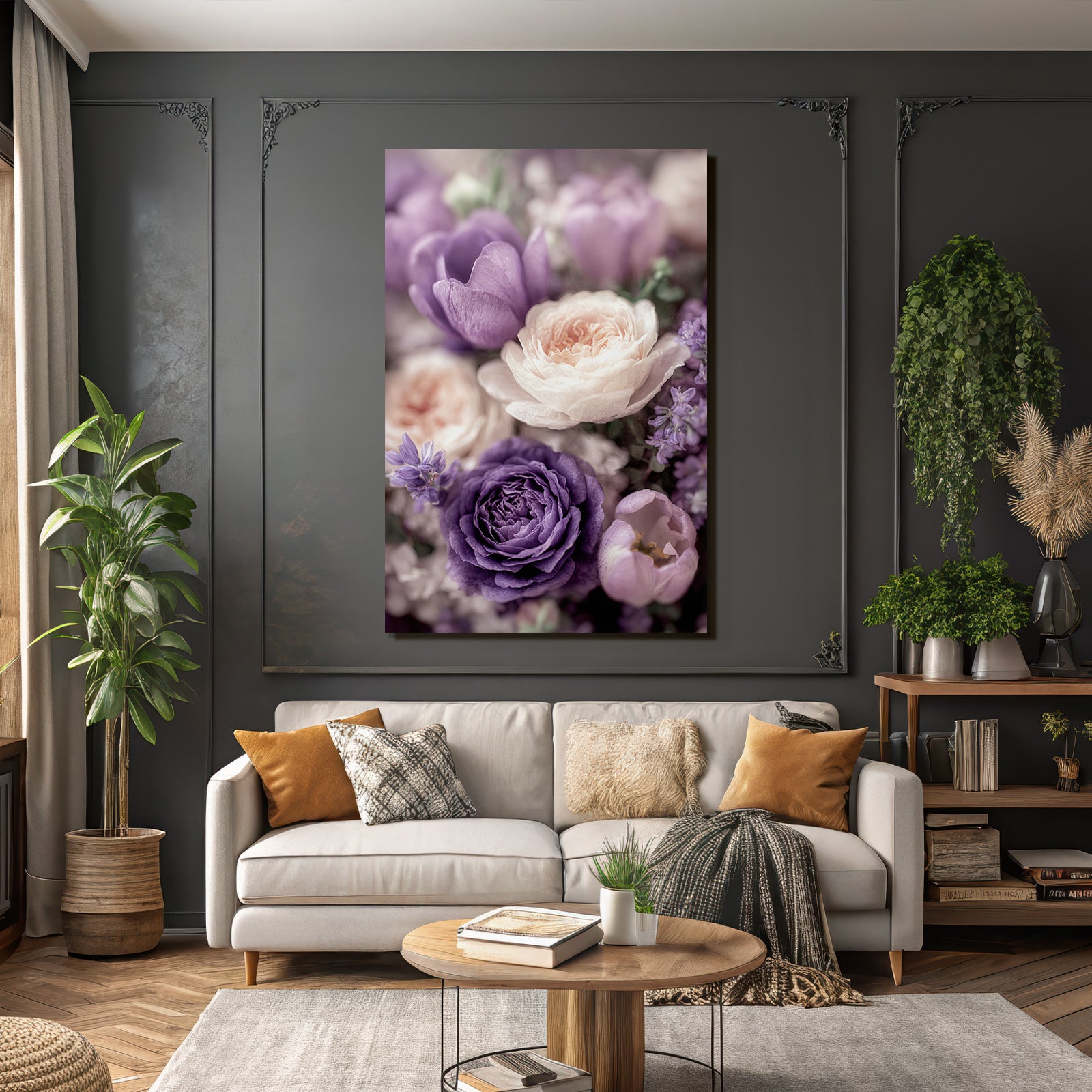 Romantische Anordnung In Pastelllila Mit Tulpen Und Zarten Blüten