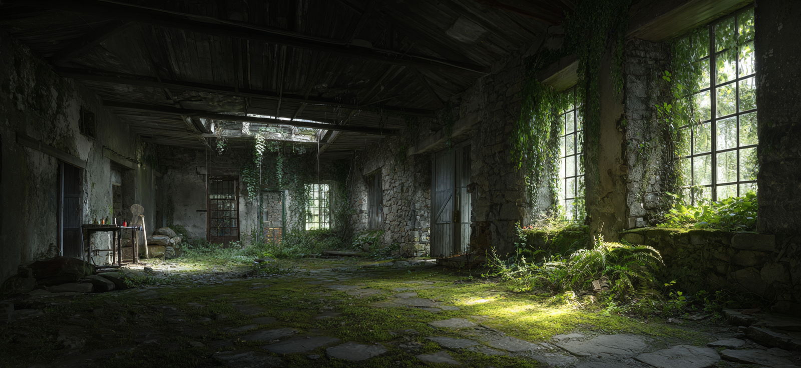 Verlassener Überwucherte Innenraum Mit Tisch Und Objekten | Lost Places | Architektur