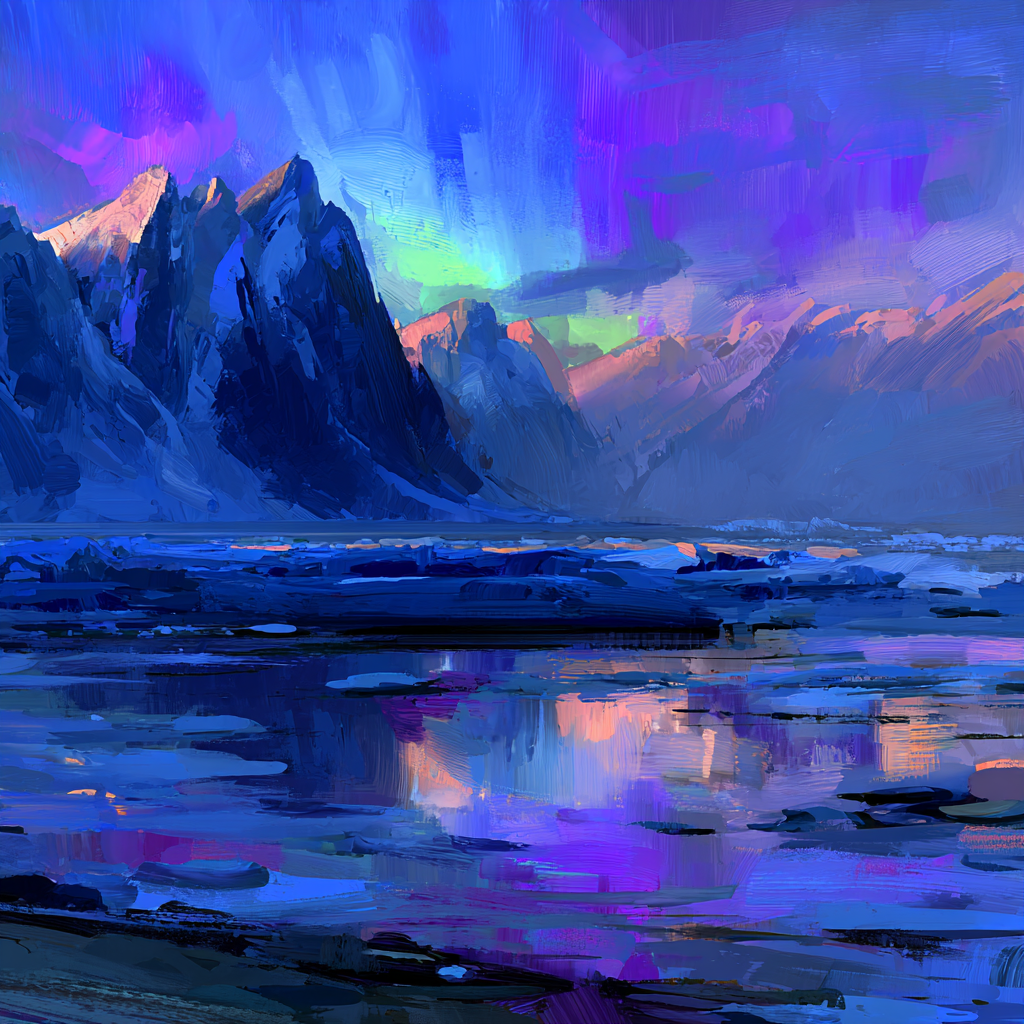 Polarlicht Majestatische Berge Und Reflektierendes Wasser Mit Aurora Farben | Fjorde und Gletscher | Landschaften