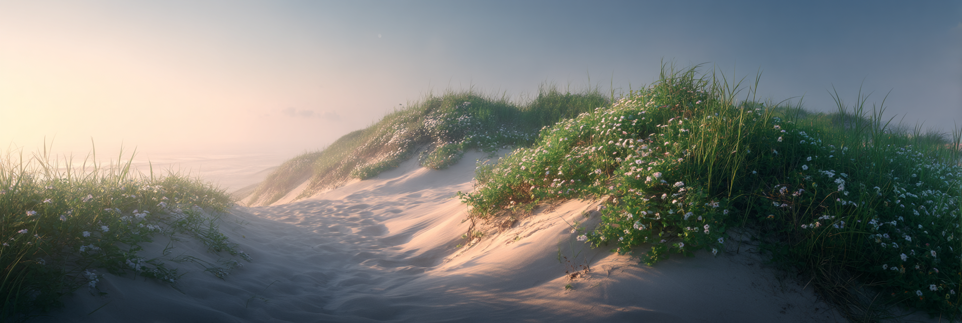 Friedlicher Strand Mit Dünen Grünem Gras Und Wildblumen | Duenen und Heide | Landschaften