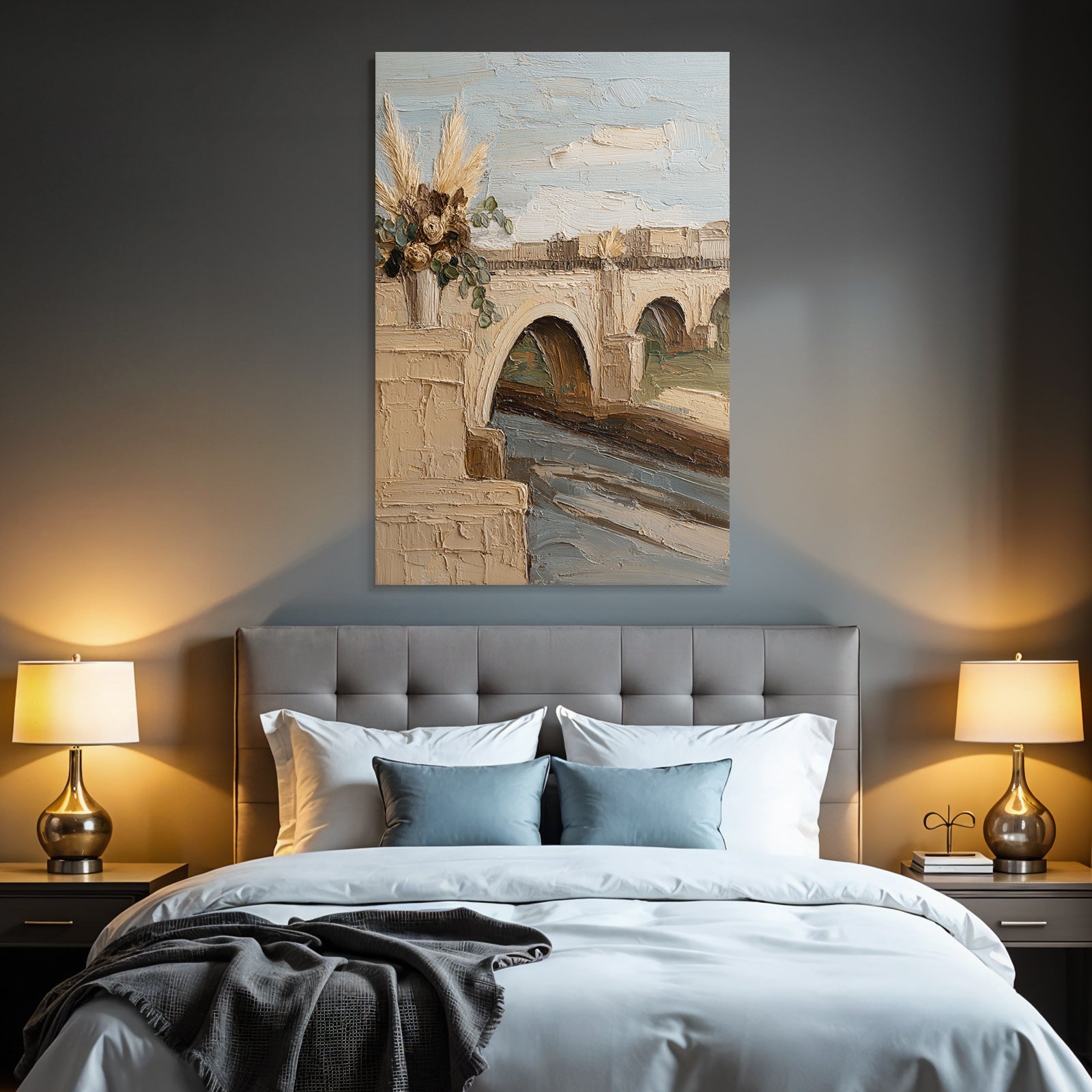 Trocken Retro Flowers Brücke Über Fluss Vase Mit Getrockneten Serde Landschaft