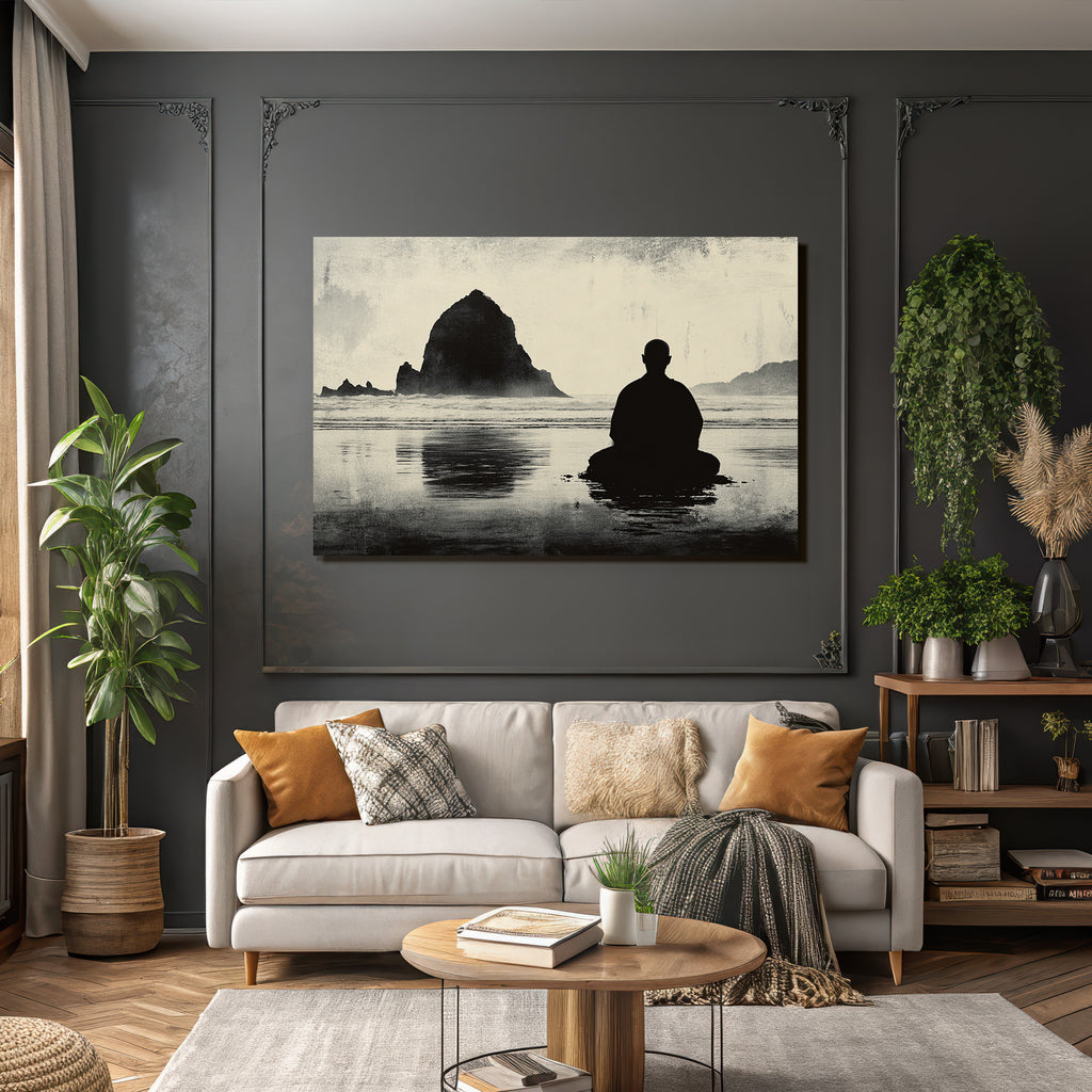 Yoga Meditation Meditierende Person Am Ozean Mit Felseninsel Hintergrund Ruhige Stimmung | Yoga und Meditation | Themen und Hobbys