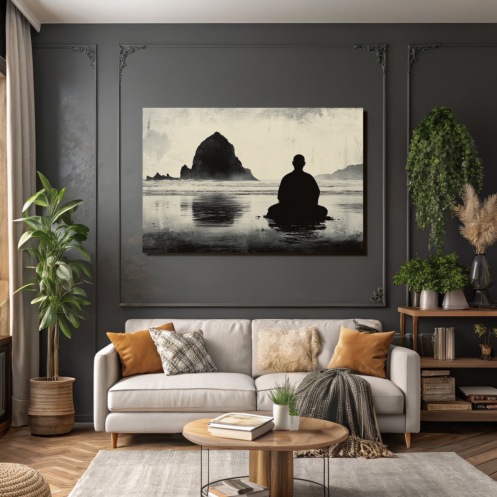 Yoga Meditation Meditierende Person Am Ozean Mit Felseninsel Hintergrund Ruhige Stimmung | Yoga und Meditation | Themen und Hobbys
