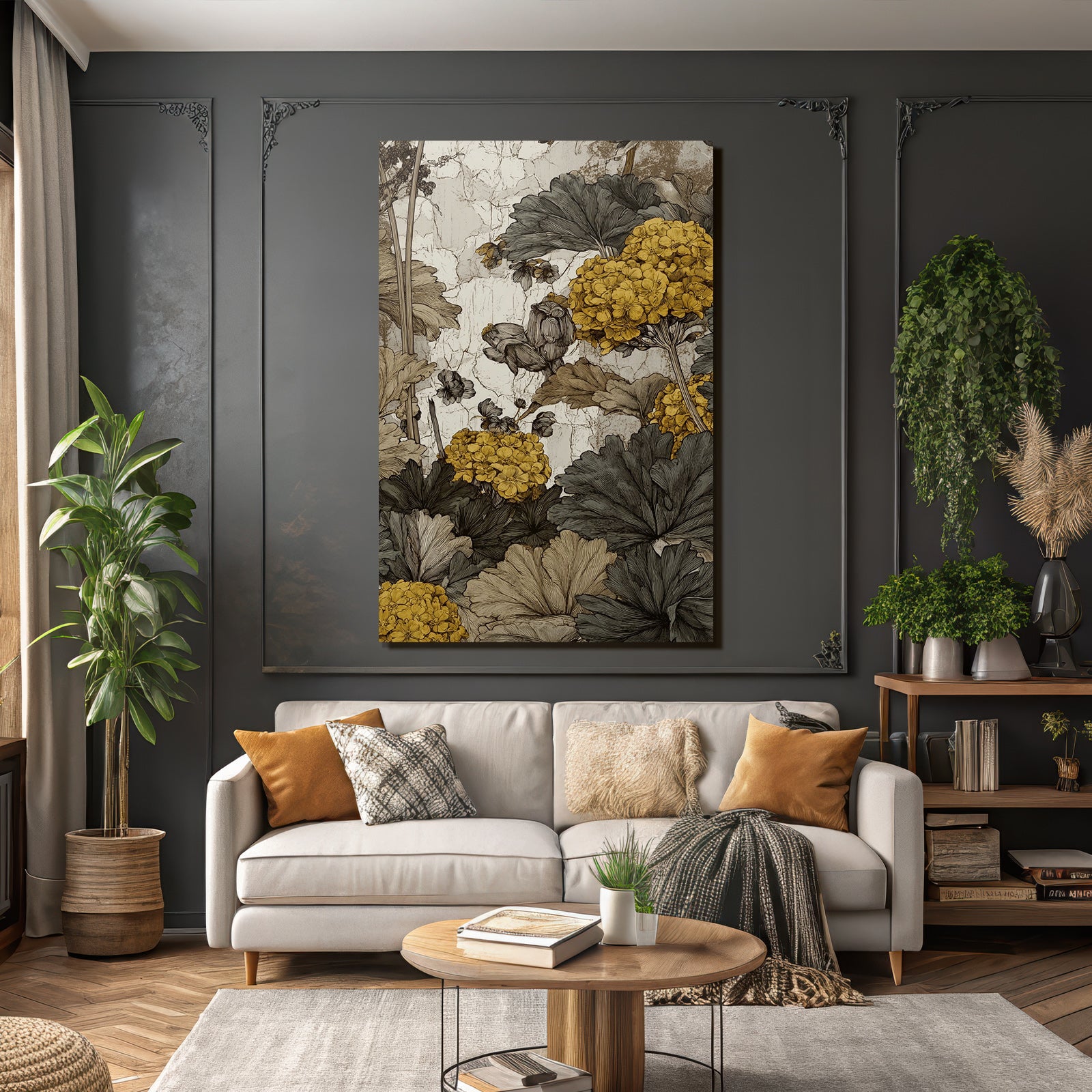 Botanische Illustration Mit Gelben Und Grünen Graün Blättern Auf Gealtertem Hintergrund