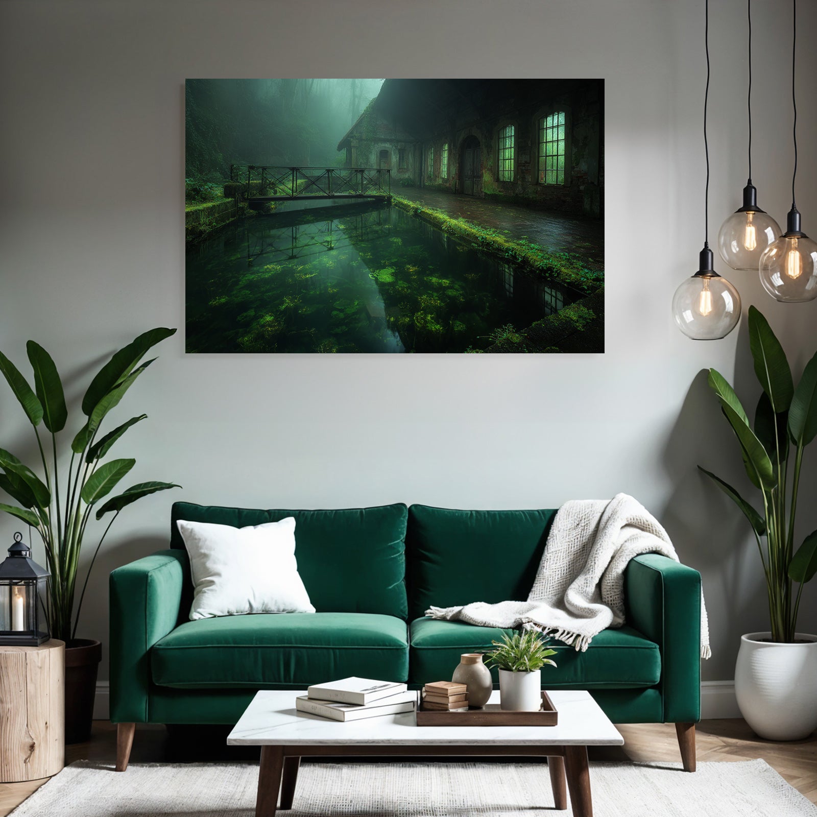 Verlassene Gebaeude Am Wasser Umgeben Von Grün Und Nebel | Lost Places | Architektur