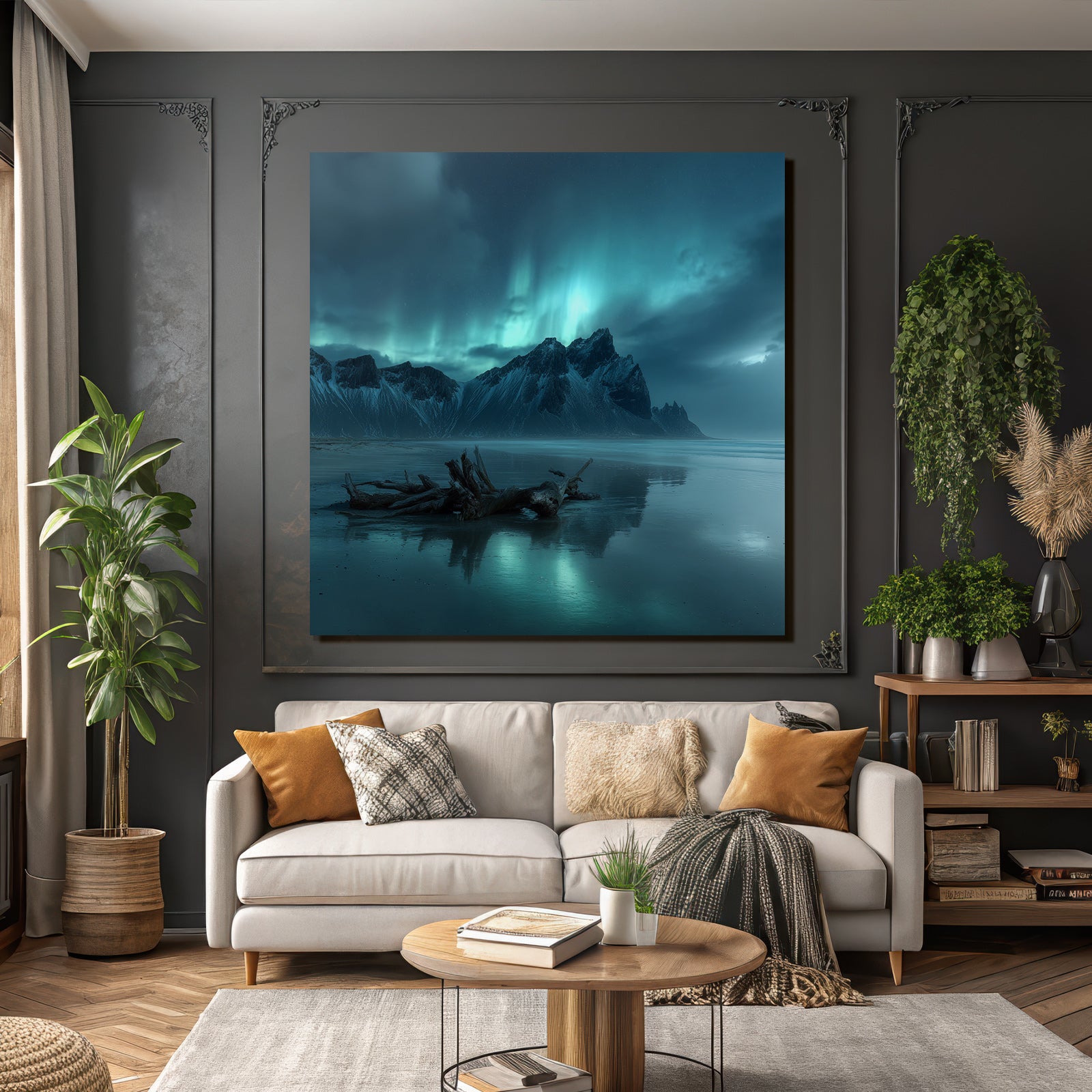 Polarlicht Dramatische Berge Nacht Himmel Aurora Borealis Spiegelung Strand | Fjorde und Gletscher | Landschaften