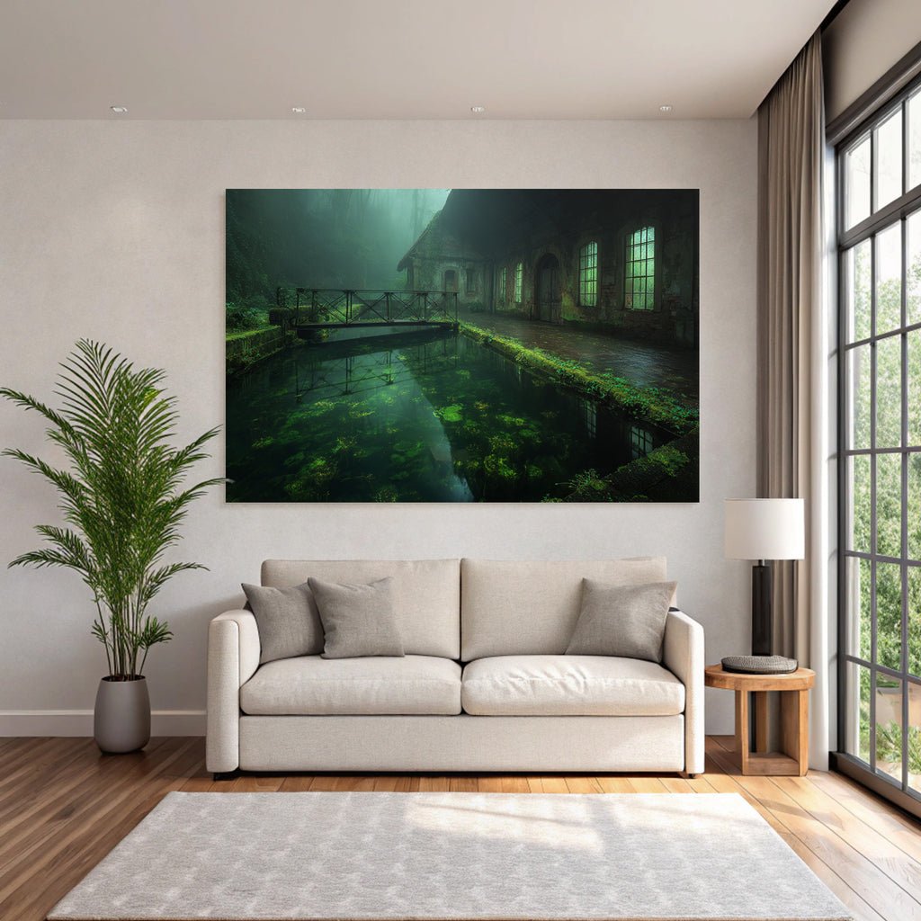 Verlassene Gebaeude Am Wasser Umgeben Von Grün Und Nebel | Lost Places | Architektur