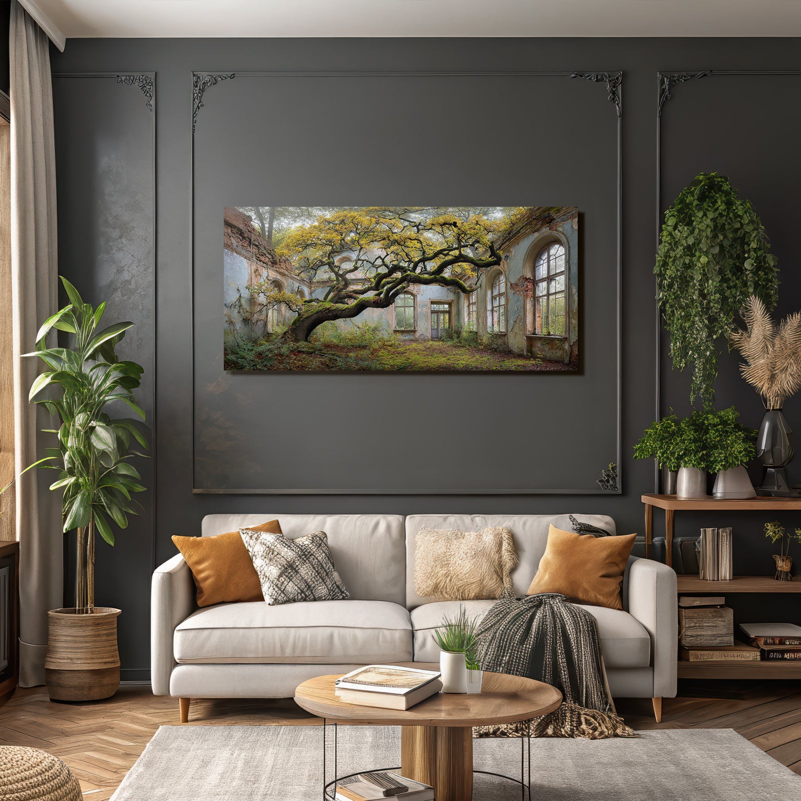 Verwilderter Raum Mit Baum Und Verfallenen Wänden | Lost Places | Architektur