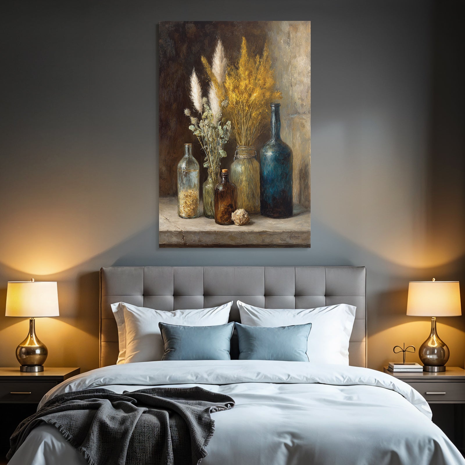 Trocken Retro Flowers Still Life Arrangement Mit Glass Flaschen Und Pflanzen