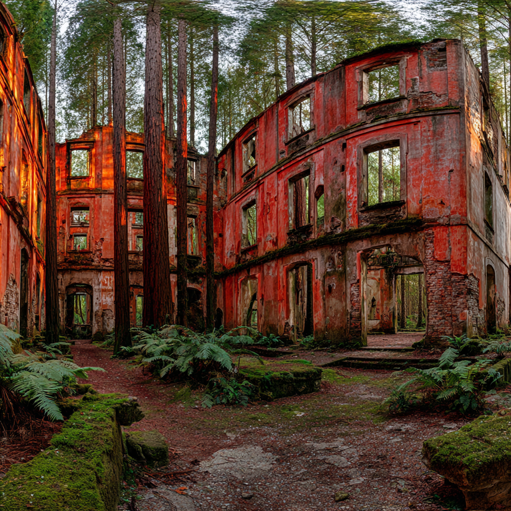 Verlassenes Gebaeude Im Wald Mit Moos Bedeckt Sonnenlicht Wärme Eerie Atmosphäre | Lost Places | Architektur