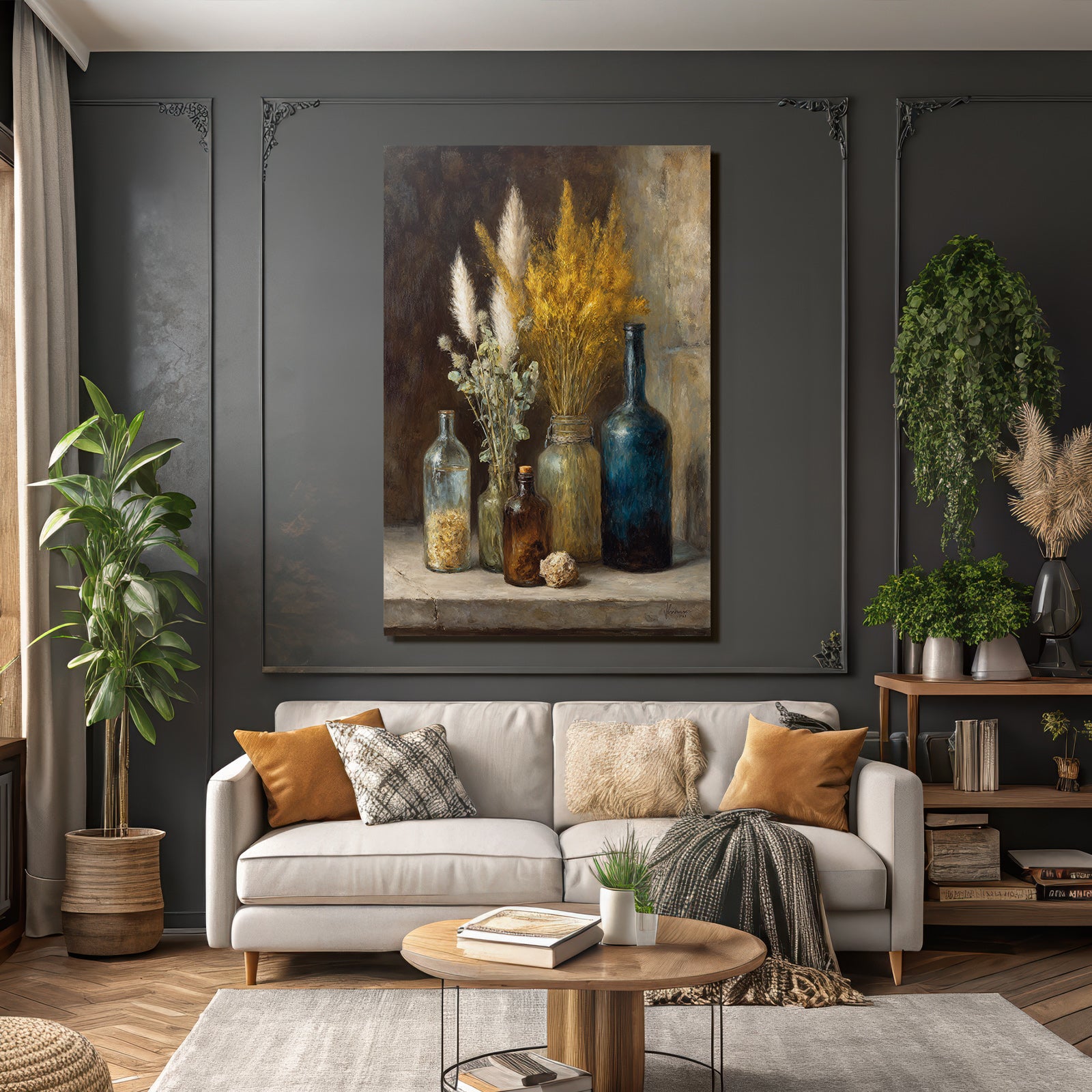 Trocken Retro Flowers Still Life Arrangement Mit Glass Flaschen Und Pflanzen