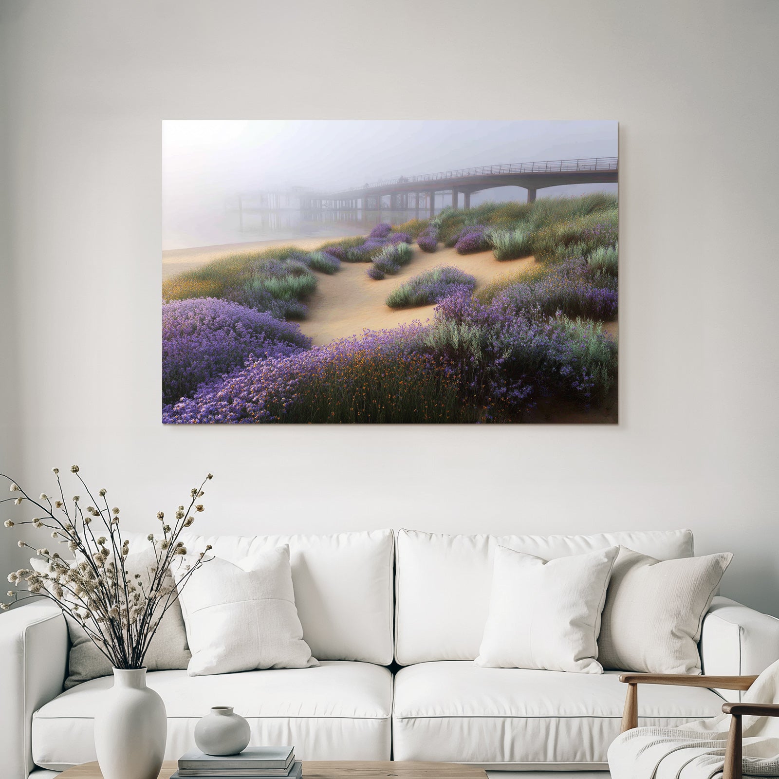 Friedliche Landschaft Mit Pier Und Nebel Mit Lila Blumen | Duenen und Heide | Landschaften