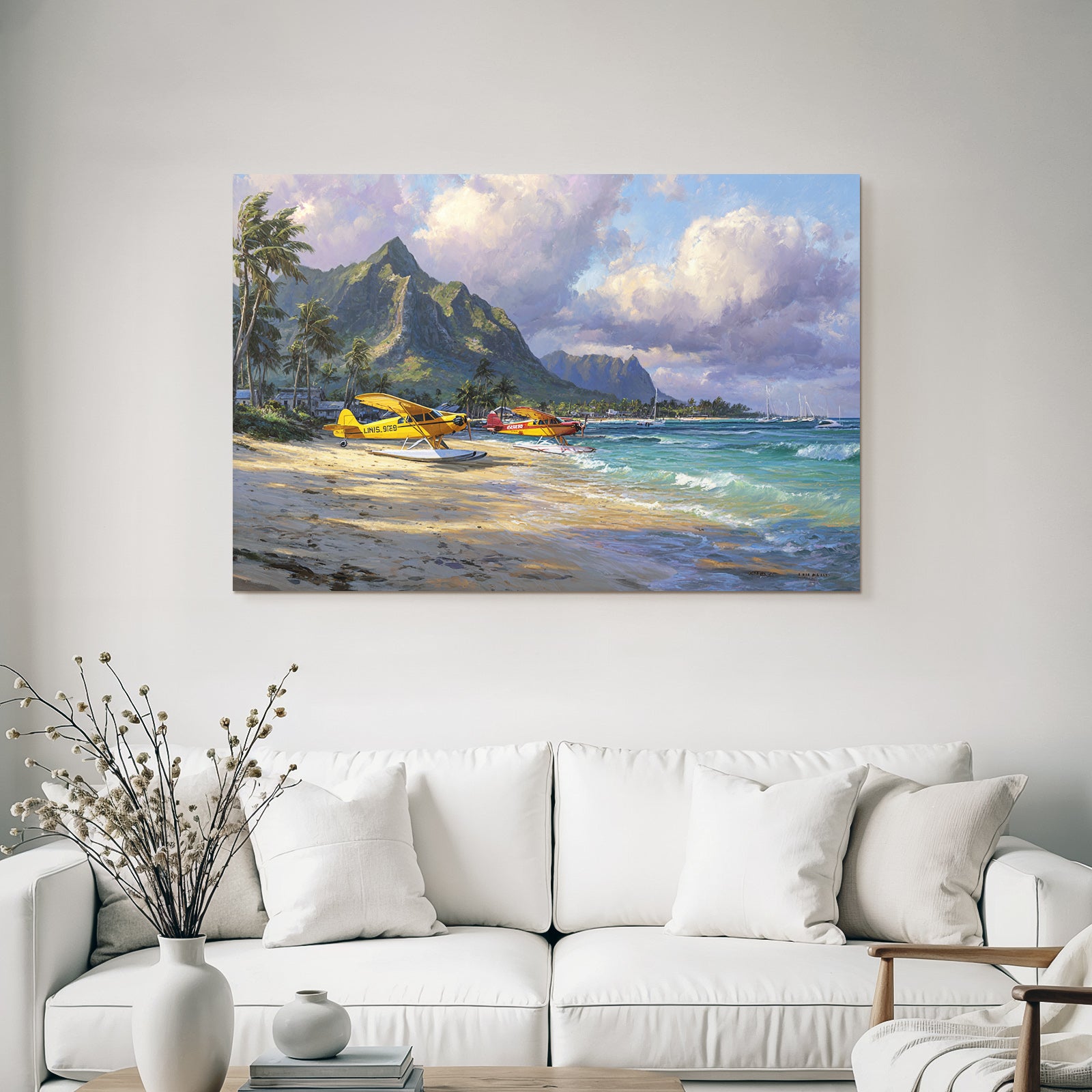 Tropische Idylle Mit Seaplanes Und Palmbaeumen Beachlandscape | Flugzeuge | Mobilitaet und Technik