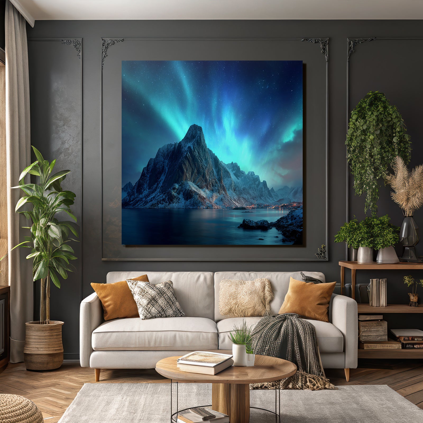 Polarlicht Mountainlandschaft Nacht Himmel Nordlichter Schneebedeckte Spitzen Wasser Reflection | Fjorde und Gletscher | Landschaften