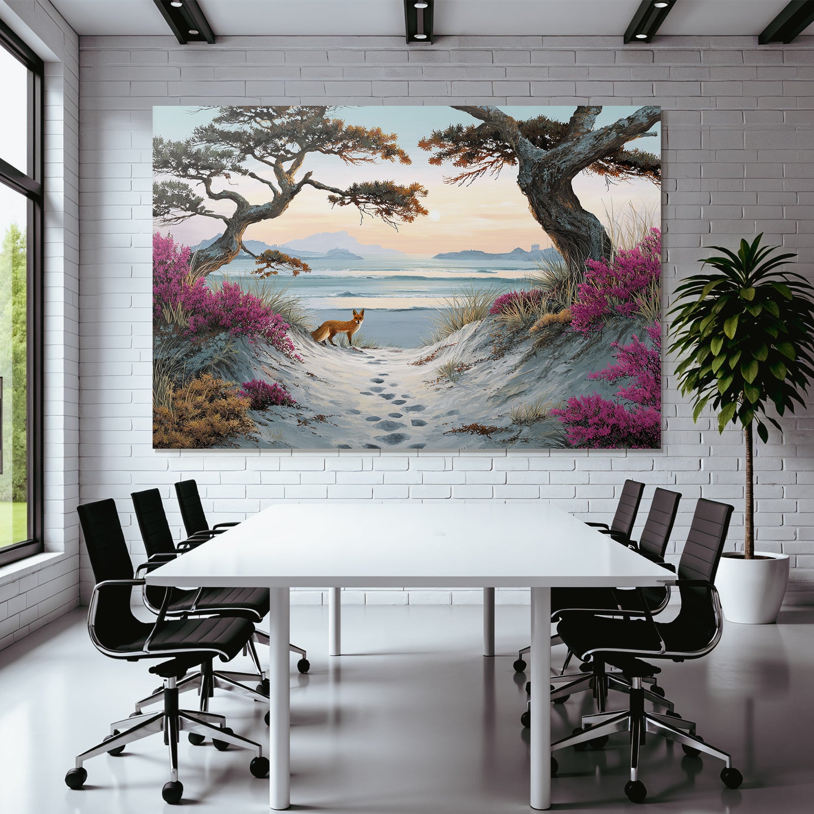 Szenenlandschaft Mit Strand Und Fox Unter Bergen Und Blumen | Duenen und Heide | Landschaften