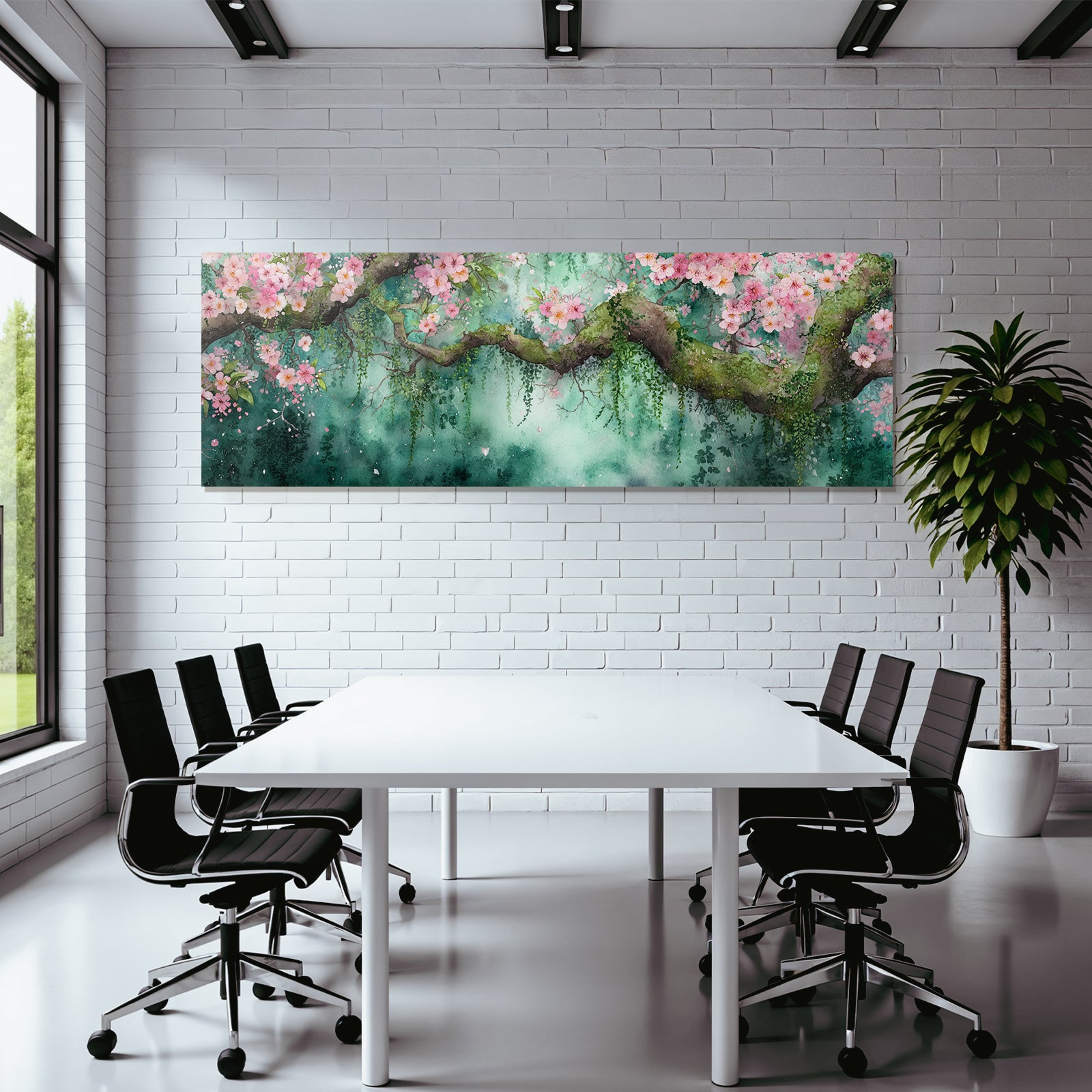 Aquarell Zweig Mit Rosa Kirschblüten Vor Grünblaüm Hintergrund